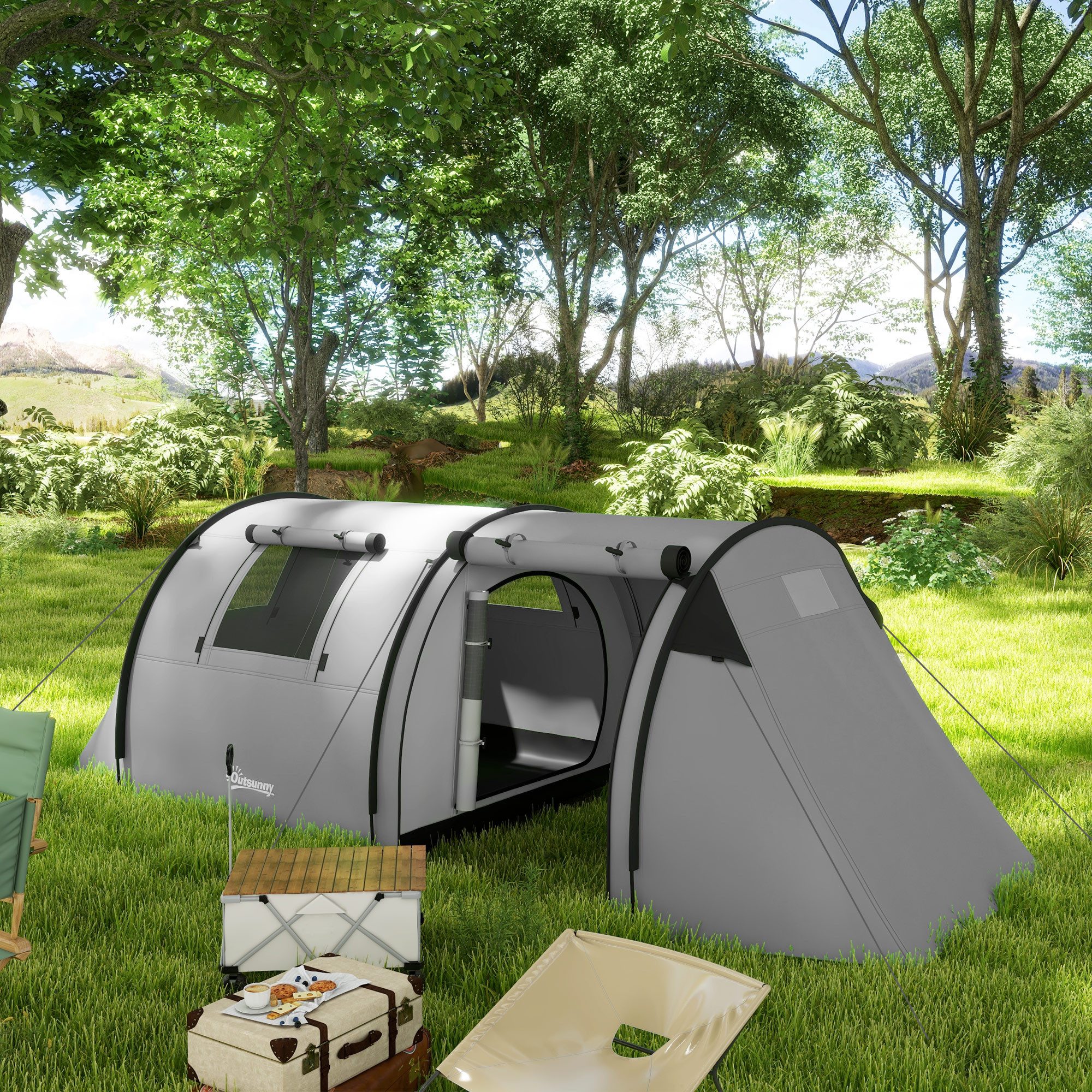 Outsunny Kuppelzelt mit Schlafzimmer Wohnzimmer 3000mm Wassersäule, Personen: 4 (wasserdicht Campingzelt, 1 tlg., Familienzelt), für Camping Reise, Grau