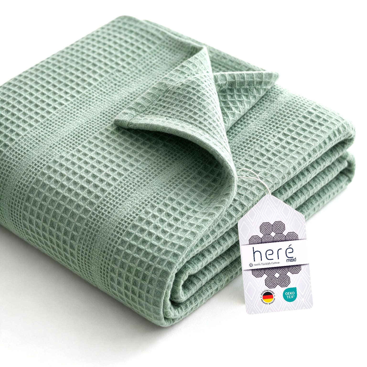 herémood Tagesdecke aus 100% Baumwolle – Wohndecke Elegante Waffelpique Kuscheldecke, für Sofa & Bett, atmungsaktiv & pflegeleicht – 150x200 cm MINTGRÜN