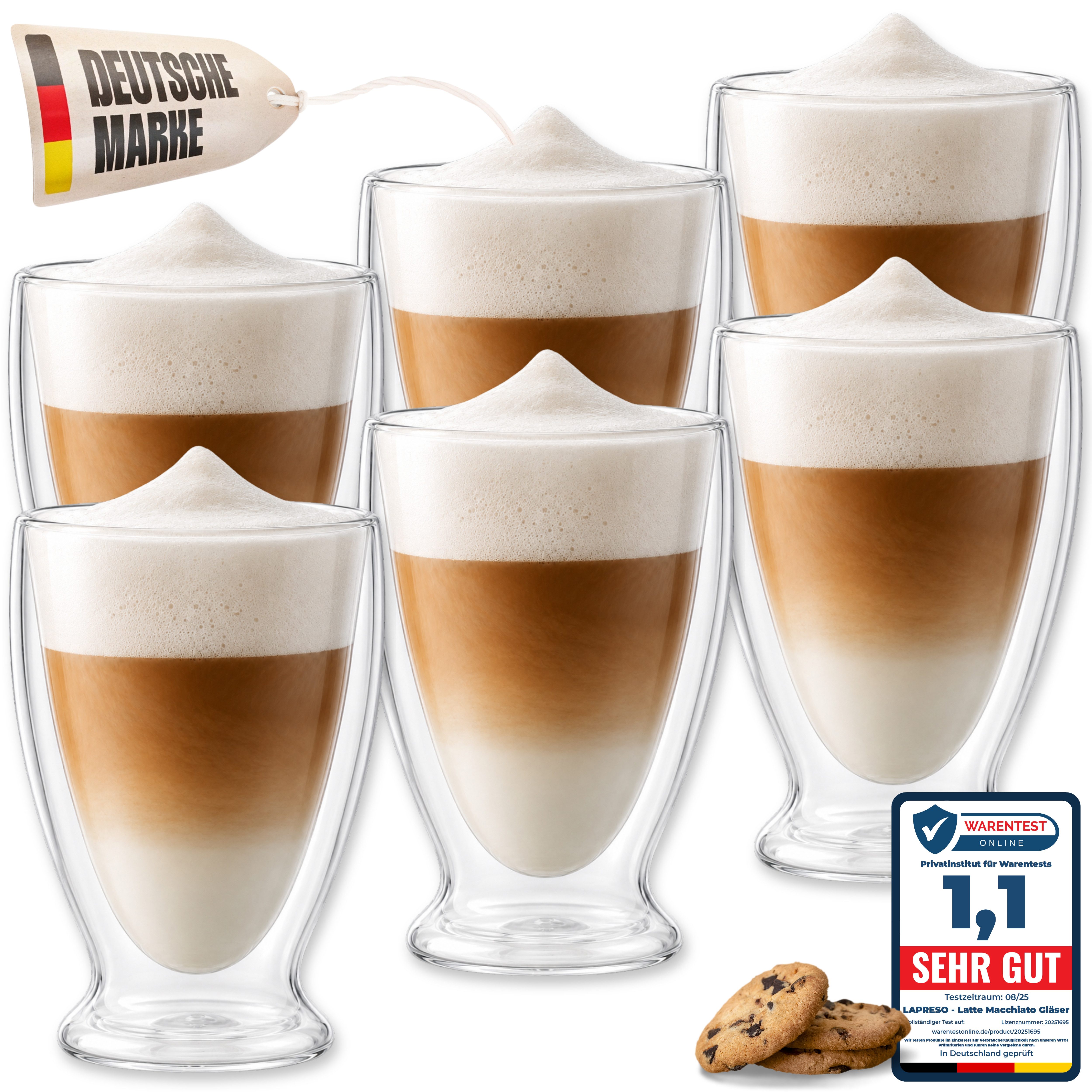 LAPRESO Latte-Macchiato-Glas Doppelwandig Thermogläser Kaffeegläser Set 300 ml, 7-tlg., Borosilikatglas, 6er Set