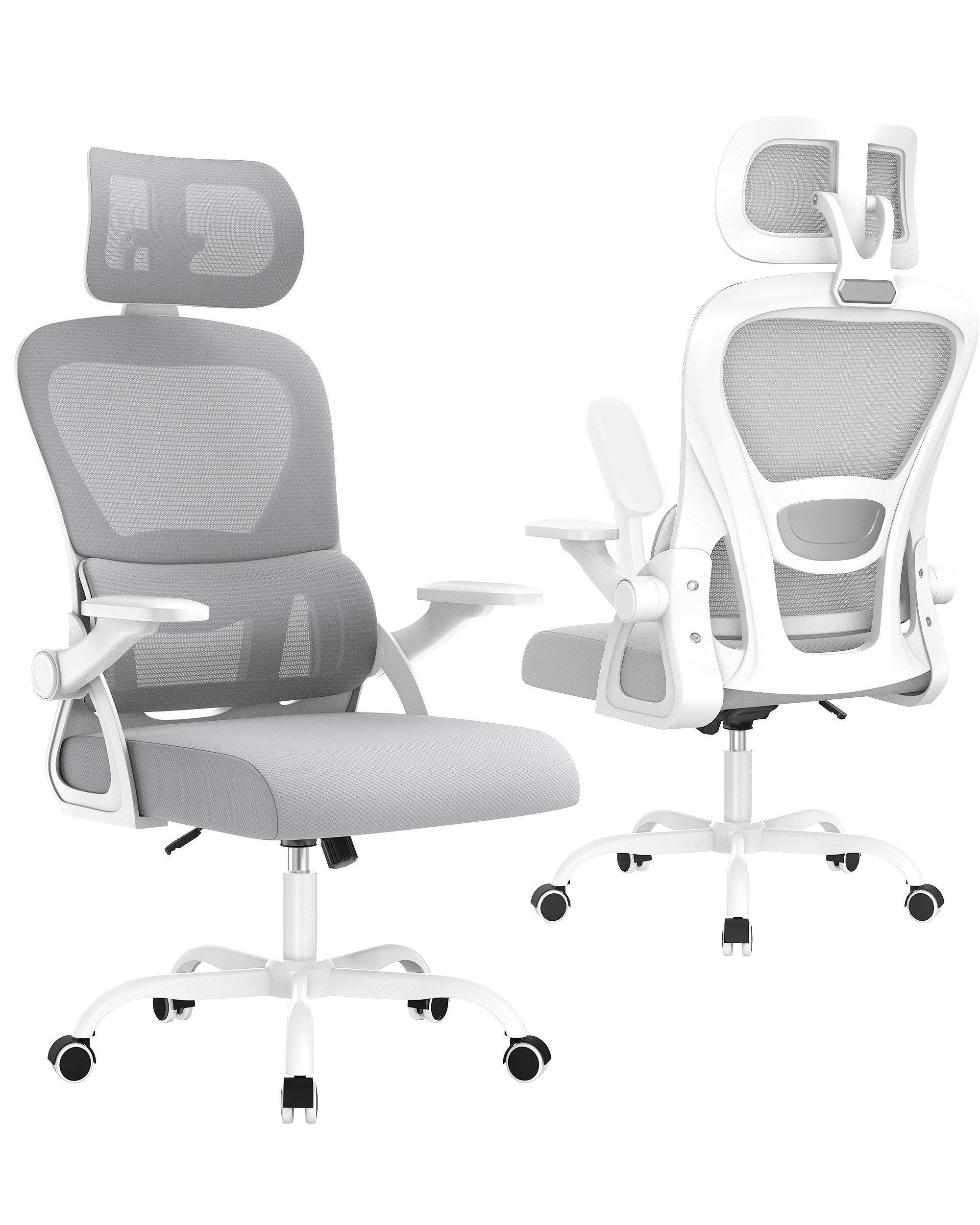 ZAISZE Bürostuhl Ergonomischer Bürostuhl mit Kopfstütze & verstellbaren Armlehnen (atmungsaktiver Mesh-Bezug, Rücken- und Taillenstütze, Neigung fixierbar bei 90° (maximal kippbar bis 120), C-förmige Lordosenstütze, Drehstuhl, Bürostühle Wippfunktion