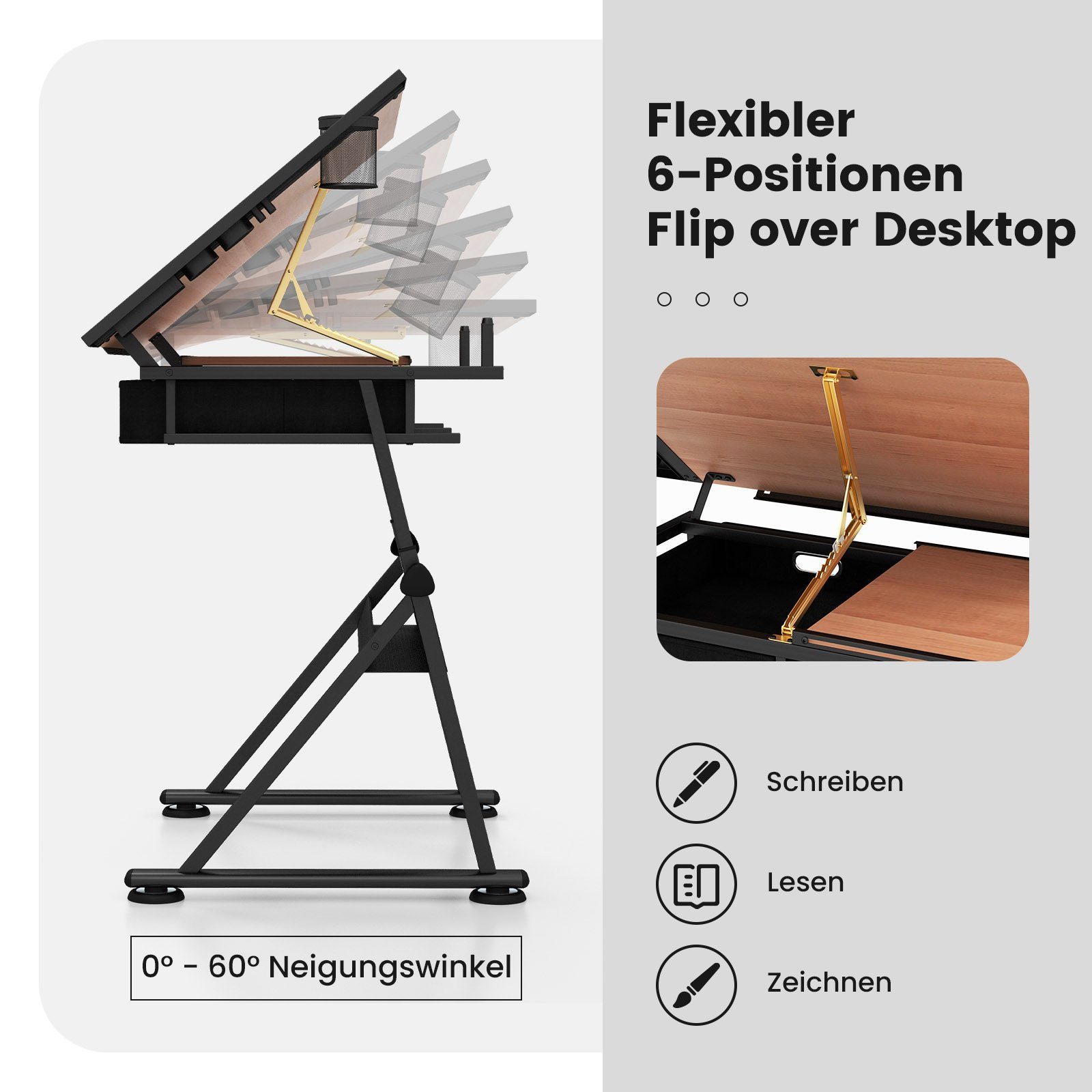 COSTWAY Schreibtisch, höhenverstellbar, neigbar, Hocker Braun+Schwarz & Schubladen mit