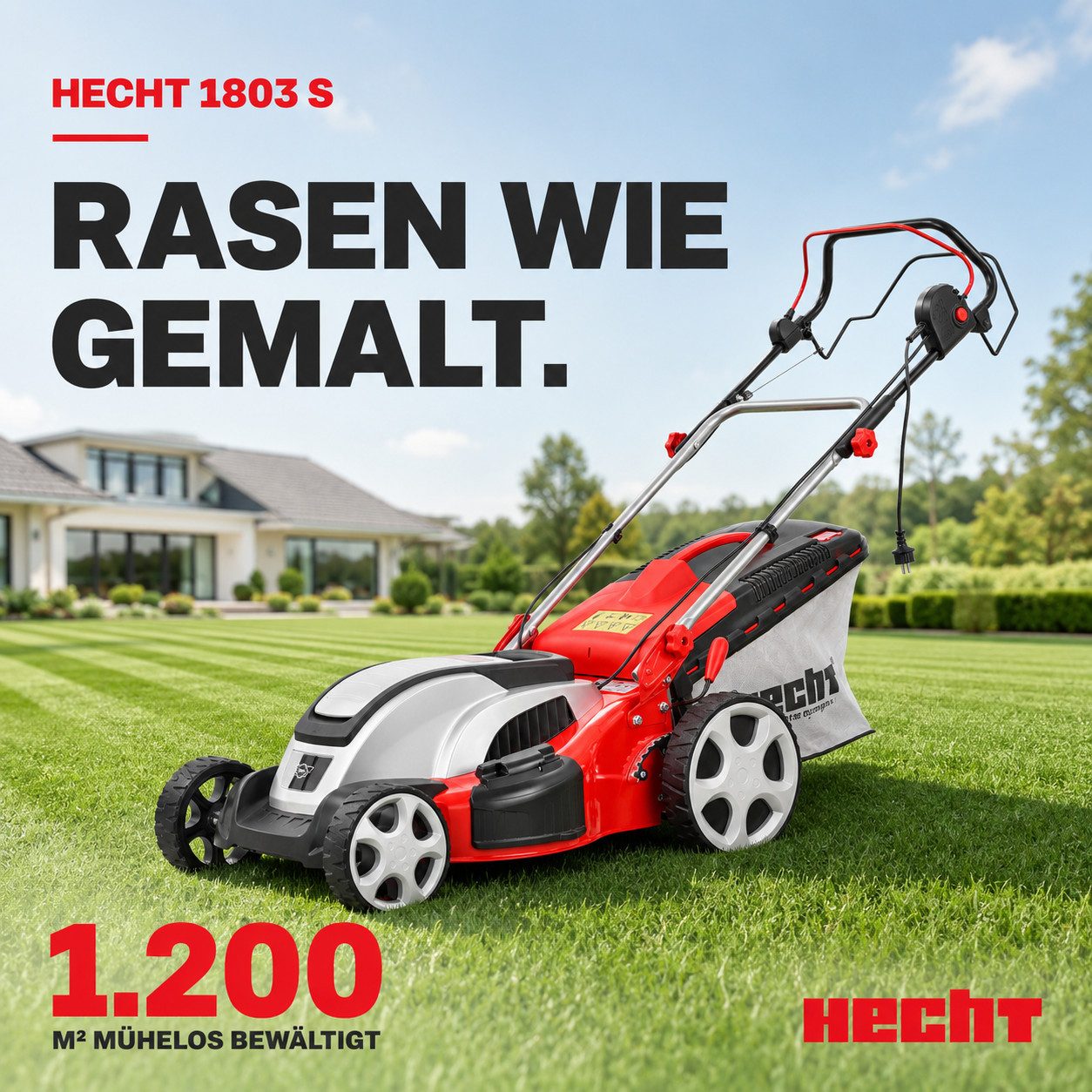Hecht Elektrorasenmäher 1803 S mit Radantrieb Mulchkit 5in1, 46 cm Schnittbreite, 1800 Watt, 60 Liter Fangkorb, 3,6 km/h