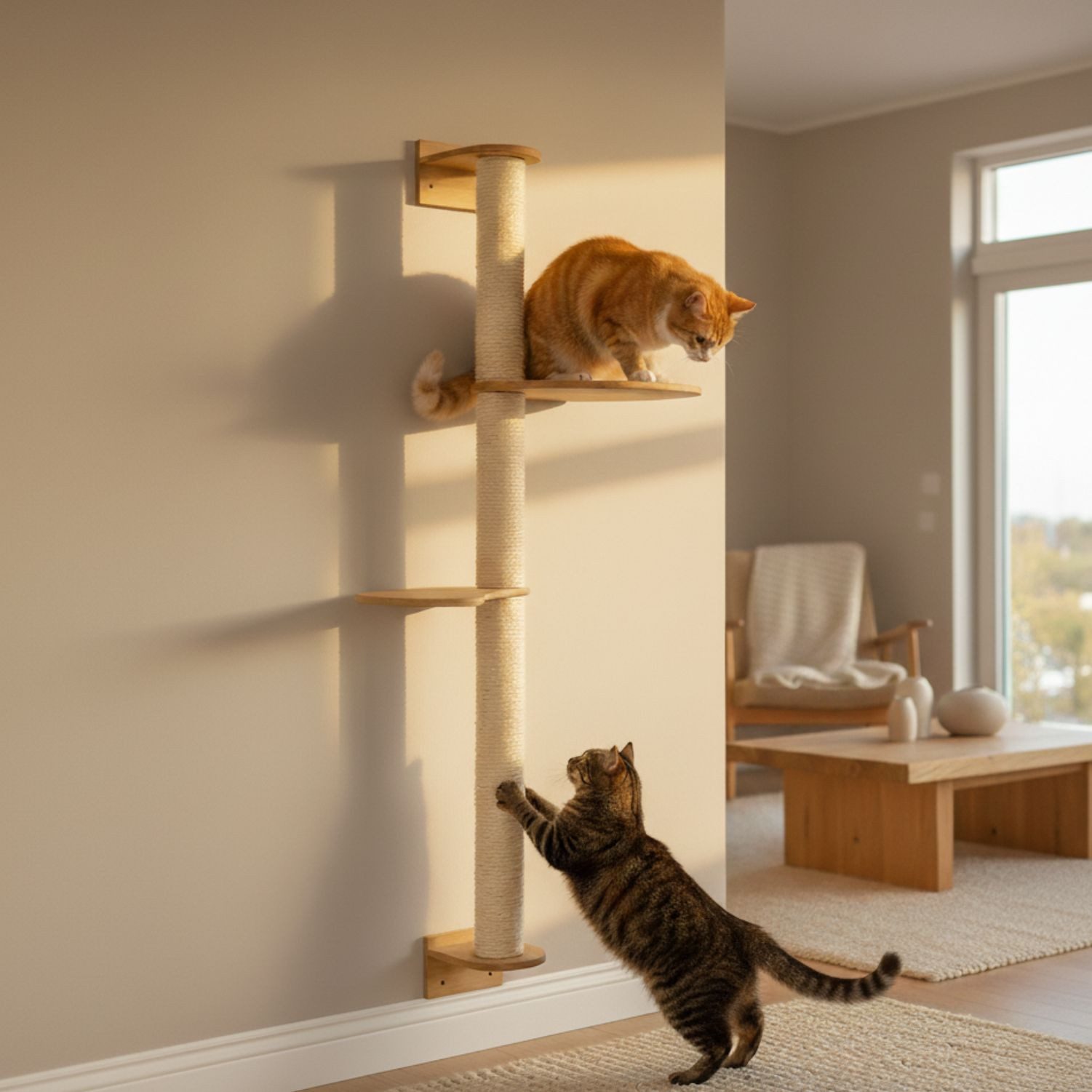 eyepower Kratzbaum zur Wandmontage-130 cm Wandkratzbaum für Katzen mit 2 Bambus Plateaus, Sistammstamm Wand - Katzenkratzbaum platzsparend - Kletterwand Katze