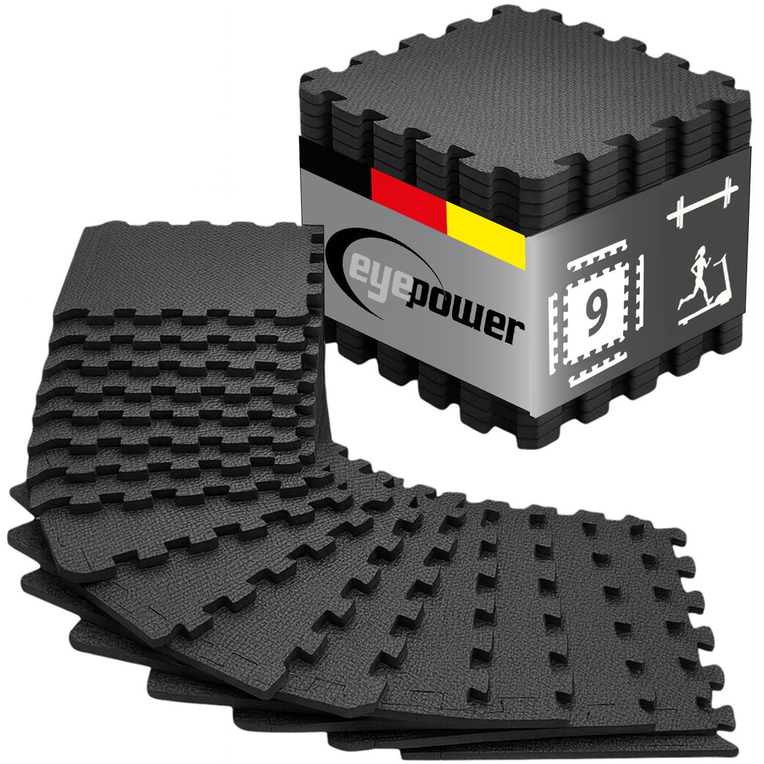 eyepower Fitnessmatte XL für Zuhause - 0,8 m² Trainingsmatte mit Rand - 9 Home Gym Matten, 30 x 30 x 1 cm Bodenschutzmatte Sport und Gymnastik - EVA Bodenmatte