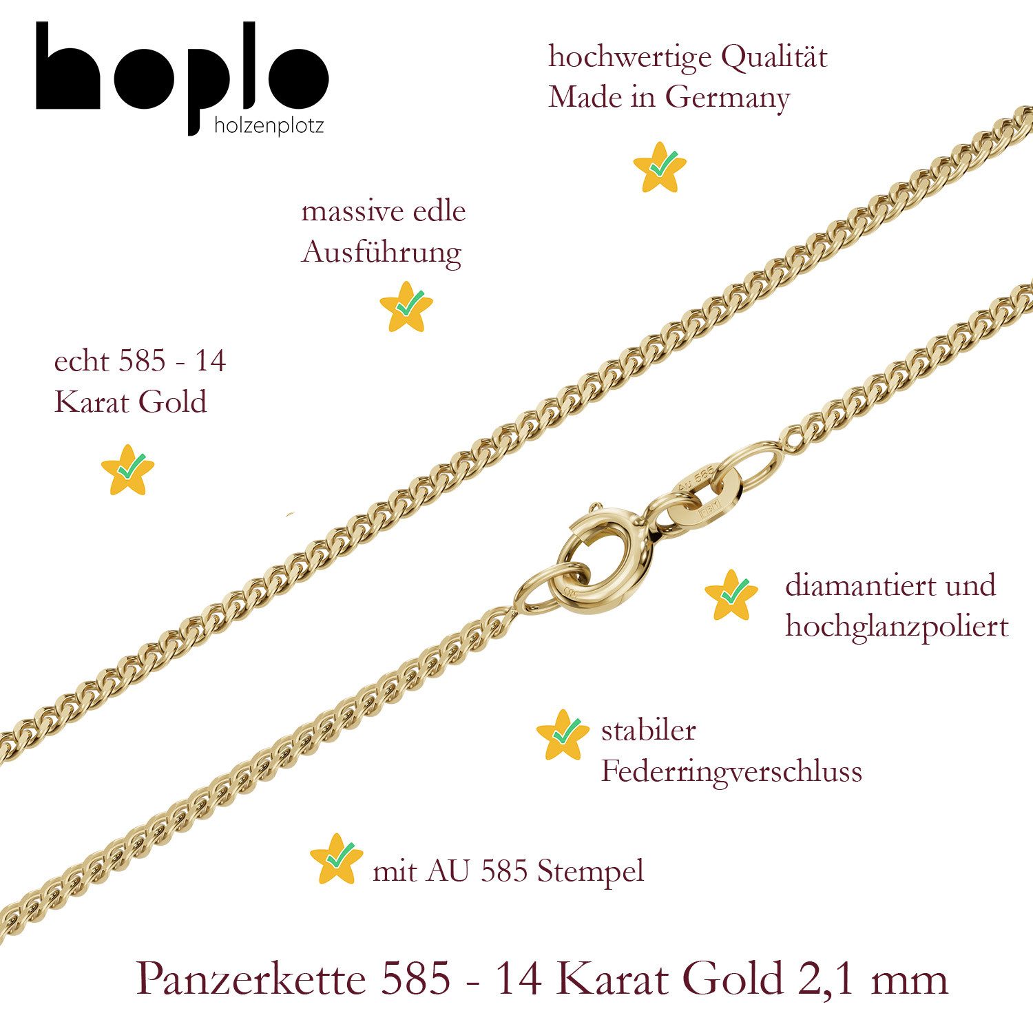 HOPLO Panzerkette Goldkette Panzerkette Halskette Breite 2,1 mm 42 cm 585-14 Karat Gold, Made in Germany – Bild 3 von 5