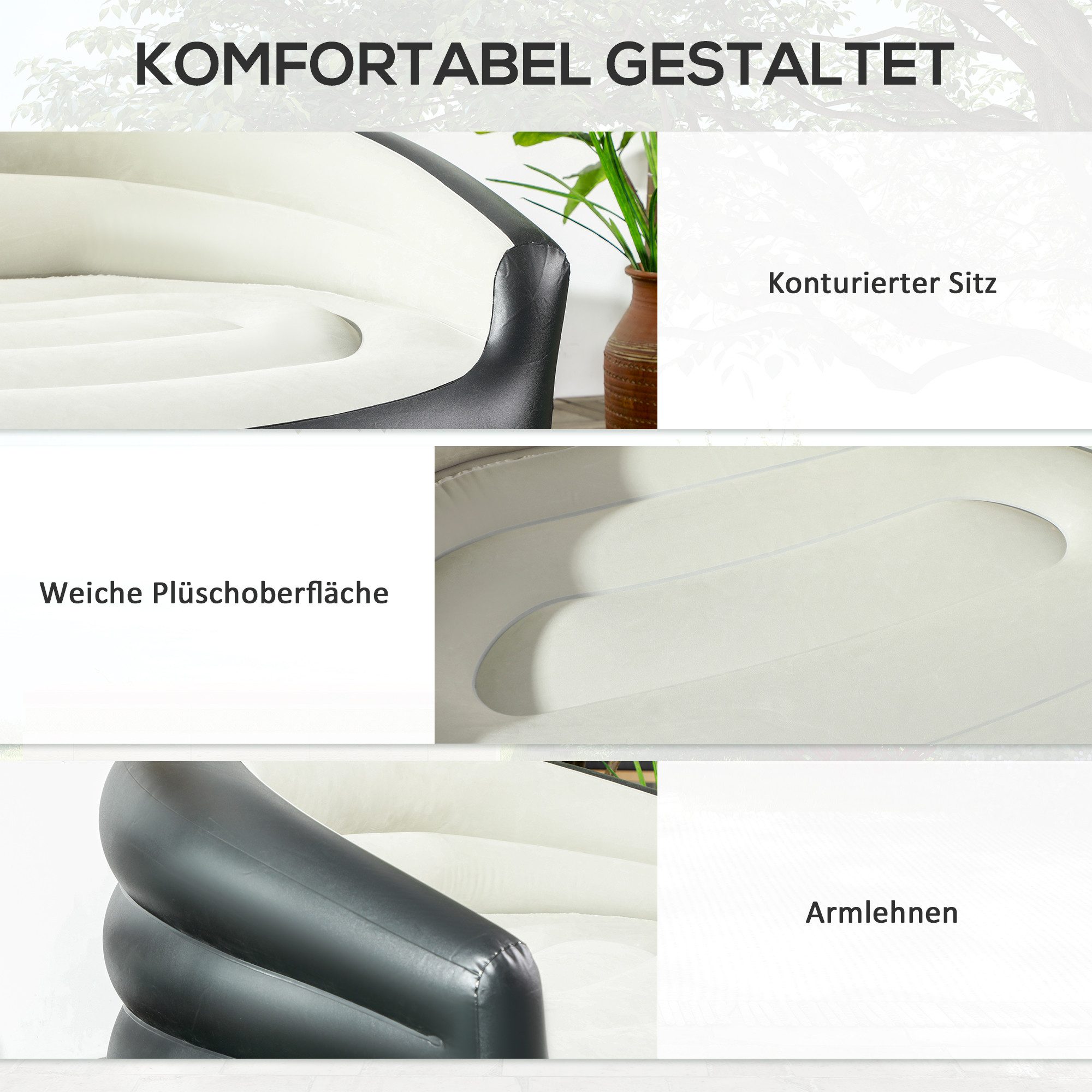 Outsunny Luftsessel Aufblasbares Sofa mit weichem Plüsch, (Luftsofa, 1-tlg., Aufblasbare Couch), für Indoor, Outdoor, Hellgrau, 125 x 100 x 87 cm