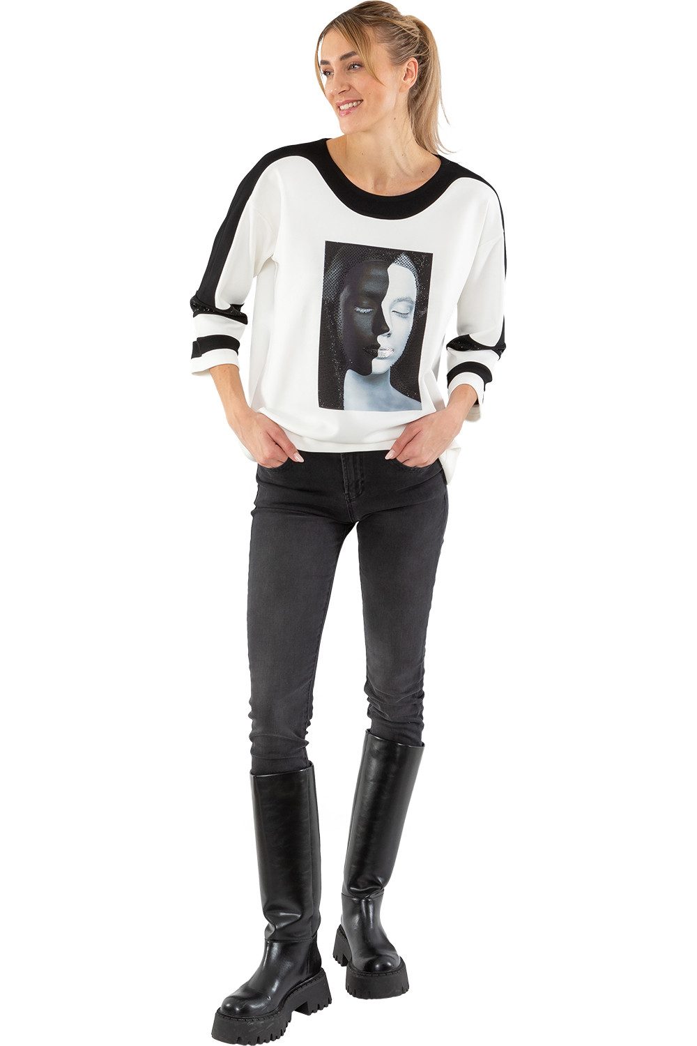 Estefania for woman 3/4 Arm-Pullover 193-7201, "Jing Jang" mit Strassbesatz günstig online kaufen