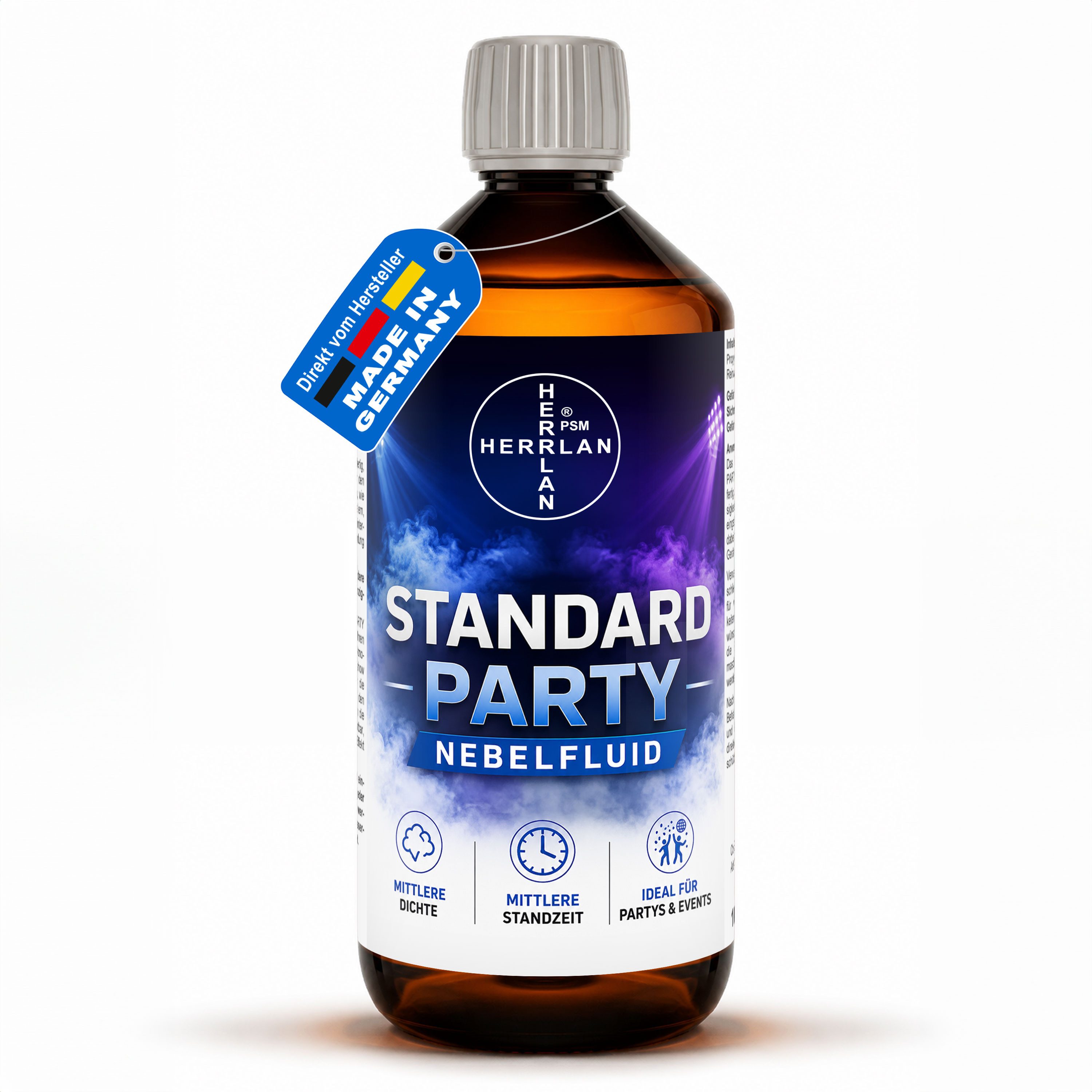 HERRLAN Discolicht STANDARD PARTY Nebelfluid universelle wasserbasierte Nebelflüssigkeit, 1 Liter, mit mittlerer Dichte und Standzeit