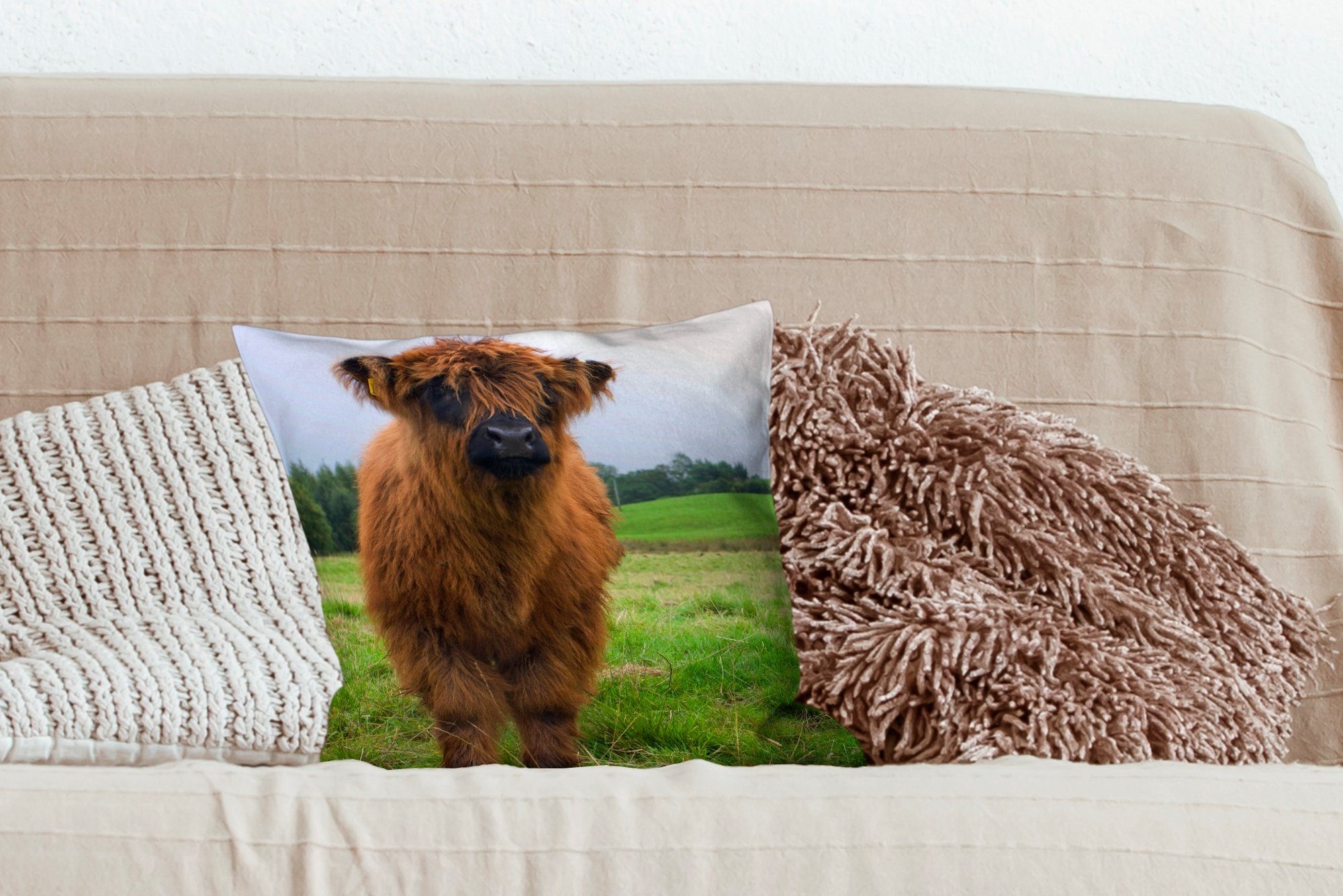 MuchoWow Dekokissen Schottische Wohzimmer, Zierkissen Gras, Highlander Kühe Grün Füllung - - mit Sofakissen Deko, Natur für Schlafzimmer, - 