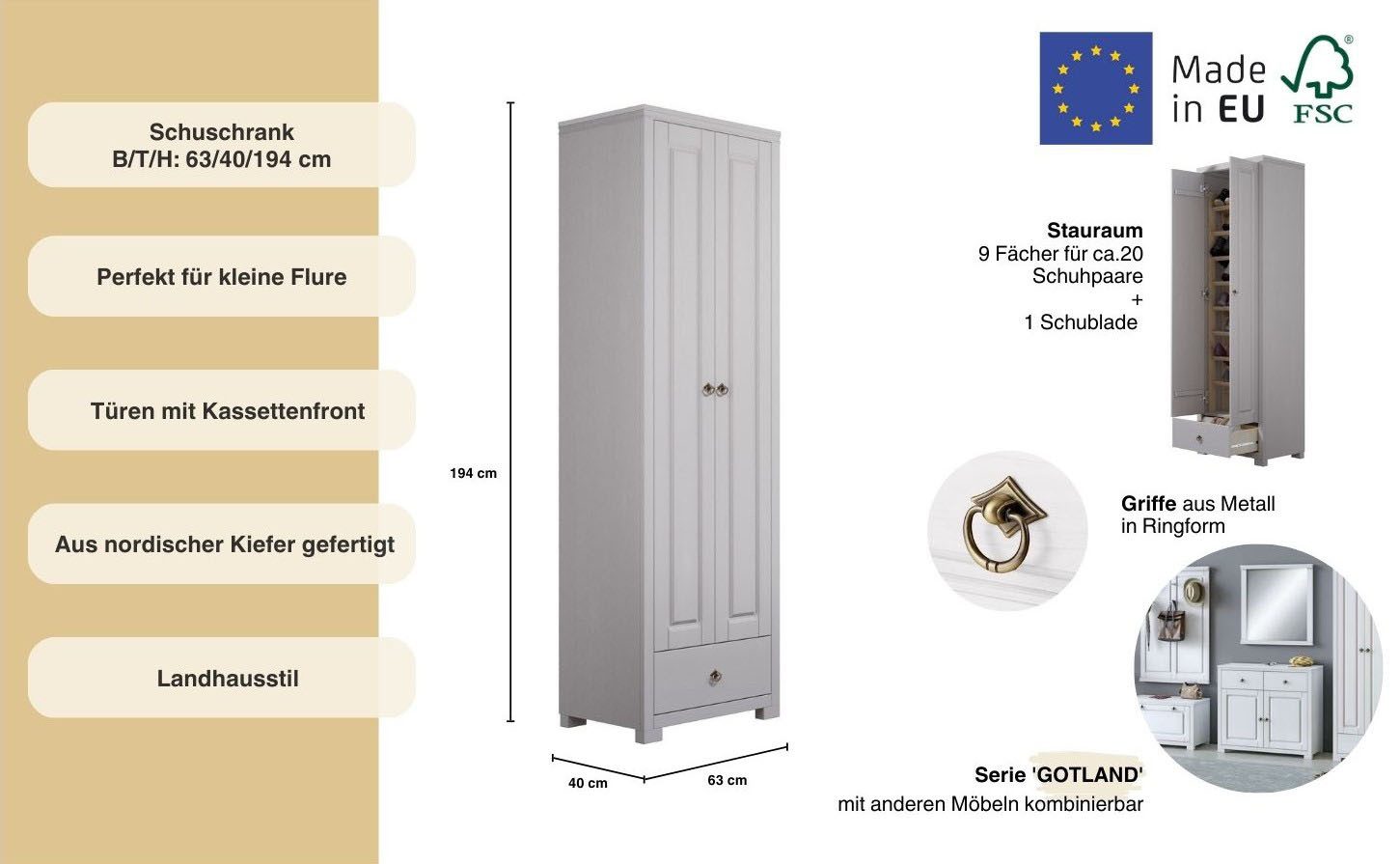 OTTO home Schuhschrank Gotland aus massiver Kiefer, FSC®-zertifiziert, Höhe 193 cm