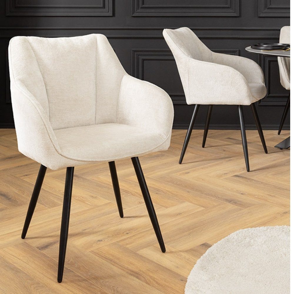 LebensWohnArt Stuhl Retro Drehstuhl PAPILLON beige Chenille Metallgestell Armlehne