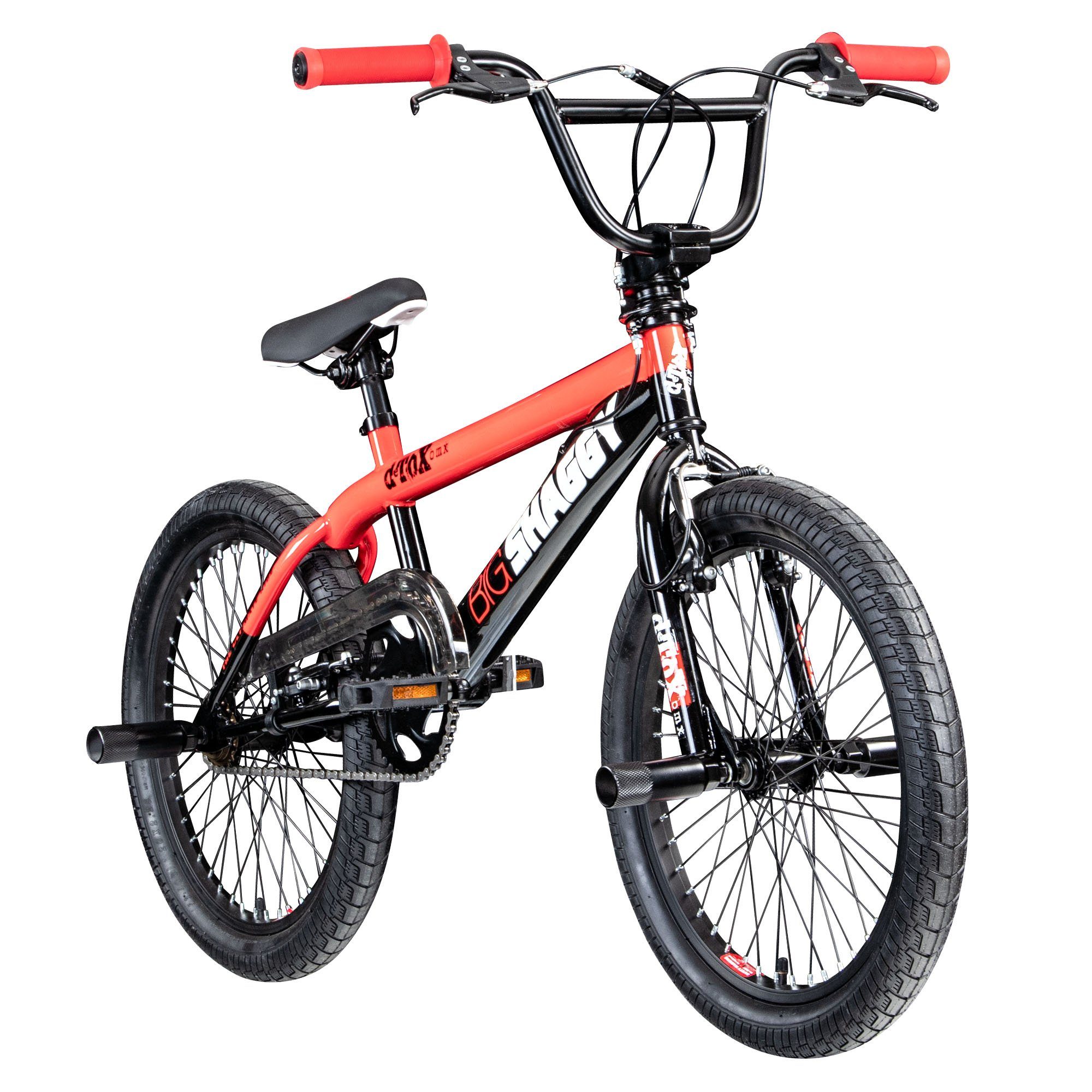 deTOX BMX-Rad Big Shaggy, 1 Gang, ohne Schaltung, BMX 20 Zoll Fahrrad ab 145 cm mit 4 Pegs und 360° Rotor unisex Jugend schwarz/rot | BMX