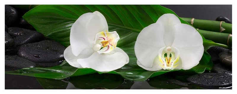 Levandeo® Glasbild, Glasbild 30x80cm Wandbild aus Glas Orchideen Blume Steine Bambus