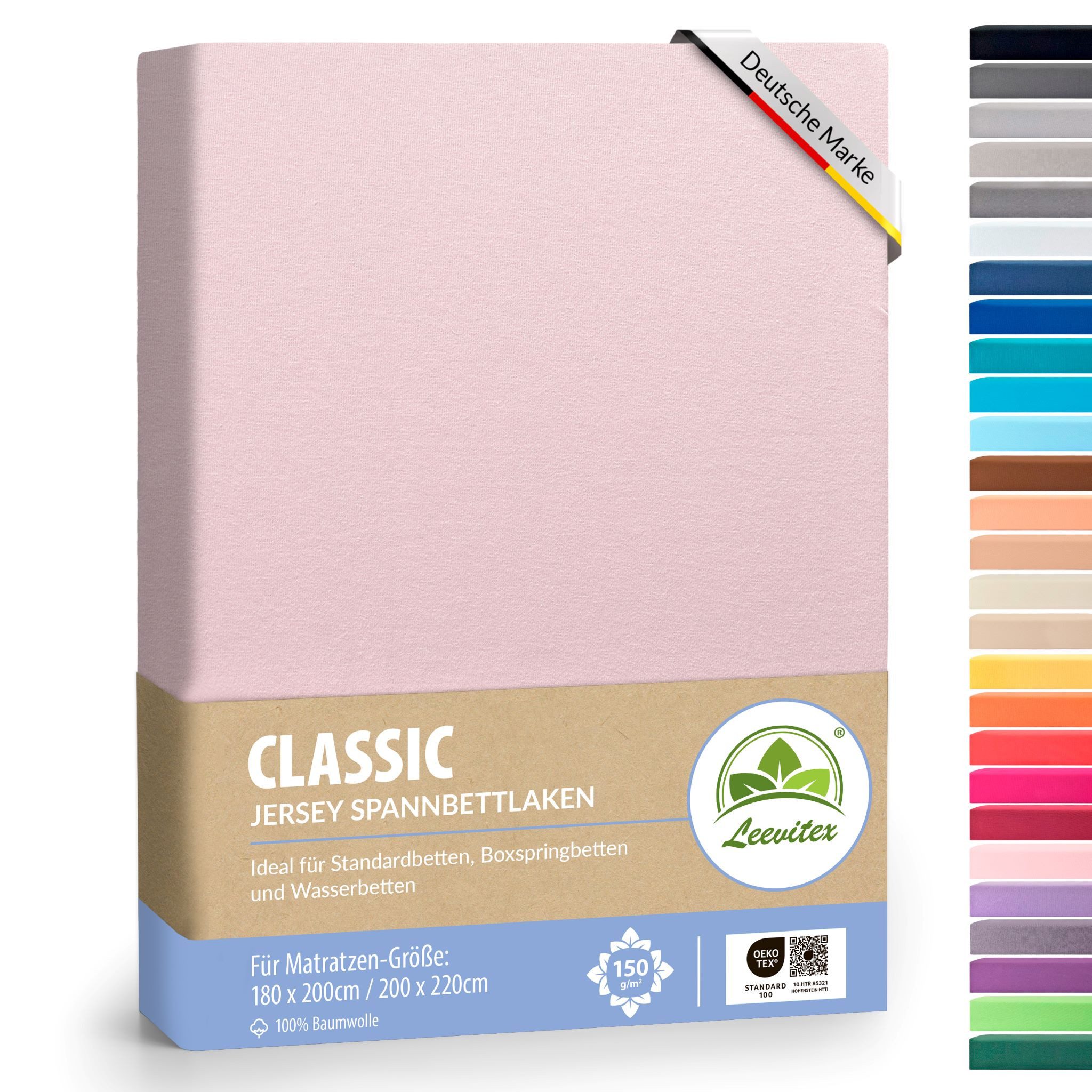 leevitex® Spannbettlaken 180x200 - 200x220 cm, 40 cm Steghöhe, Stoffdicke 150 g/m², Jersey, Gummizug: rundum, (1 Stück), verschiedene Farben, OEKO-TEX® STANDARD 100 zertifiziert