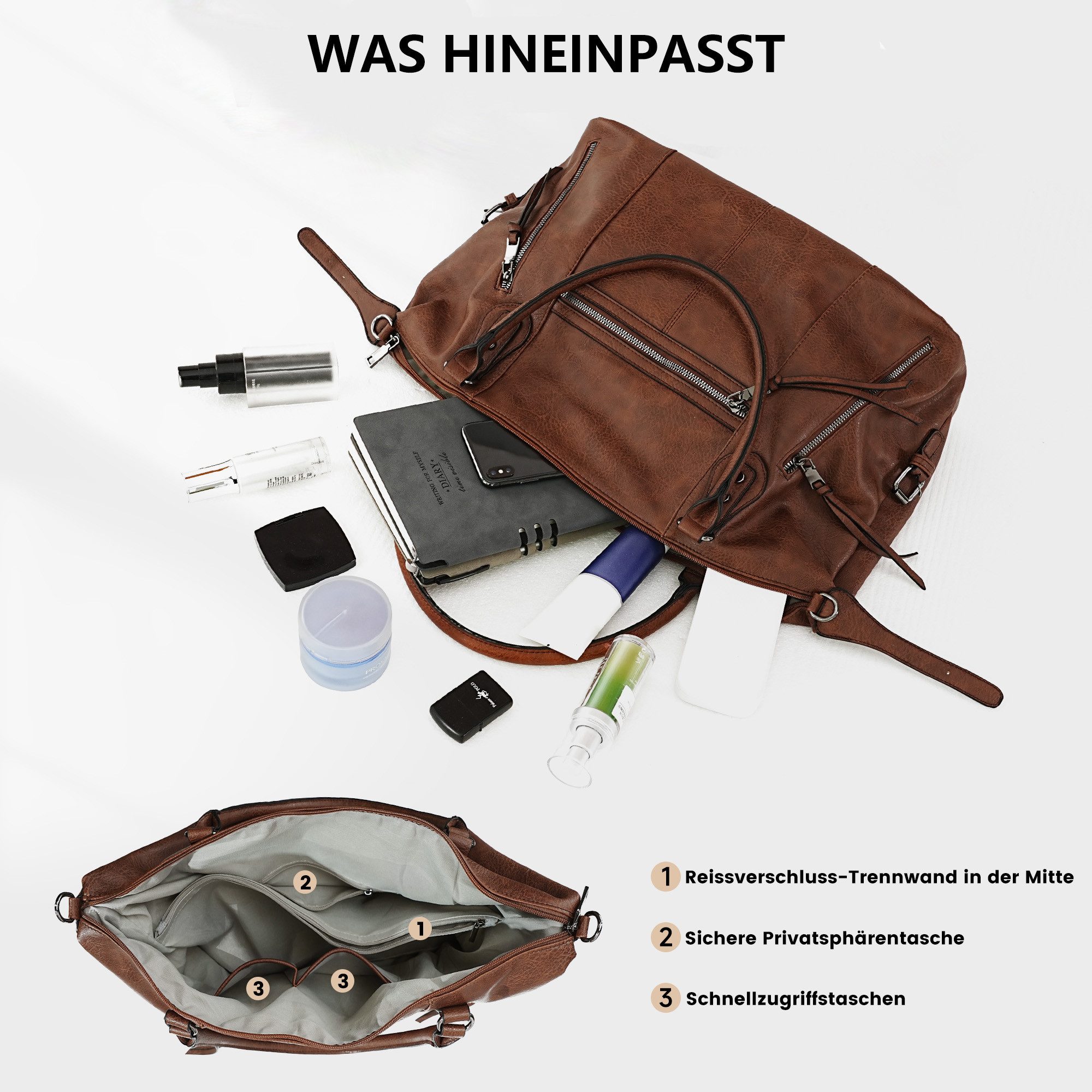 TANTOMI Handtasche Damenhandtasche Mittelgroße Crossbody Tasche, Mehreren Taschen, Vintage Shopper für Arbeit, Shopping, Alltag und Reisen – Bild 5 von 5