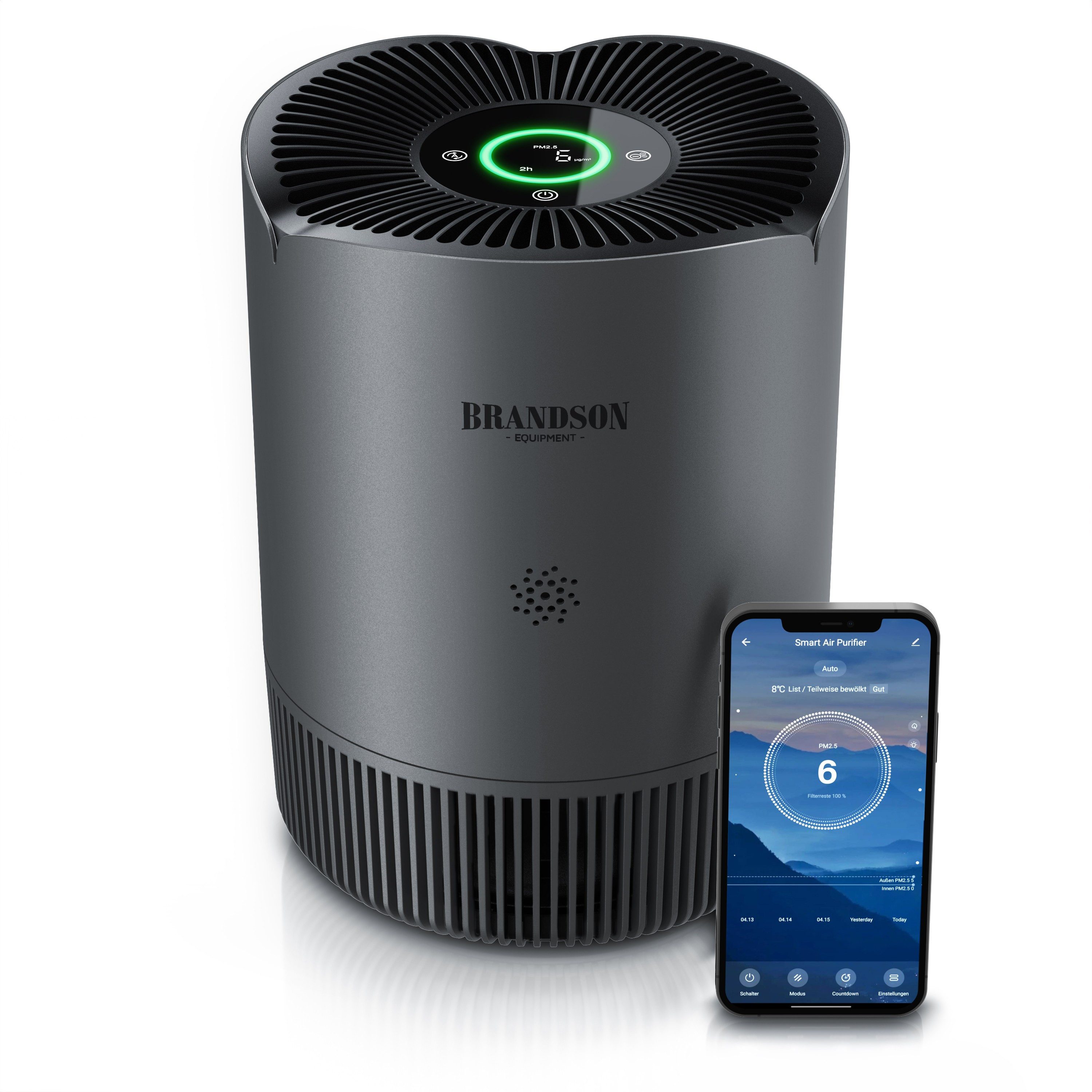 Brandson Luftreiniger HEPA 13, Aktivkohle, WLAN-App, CADR 158 m³/h, für 45 m², für 45 m² Räume, PM2,5-Anzeige, 4 Geschwindigkeiten, Timer und Kindersicherung