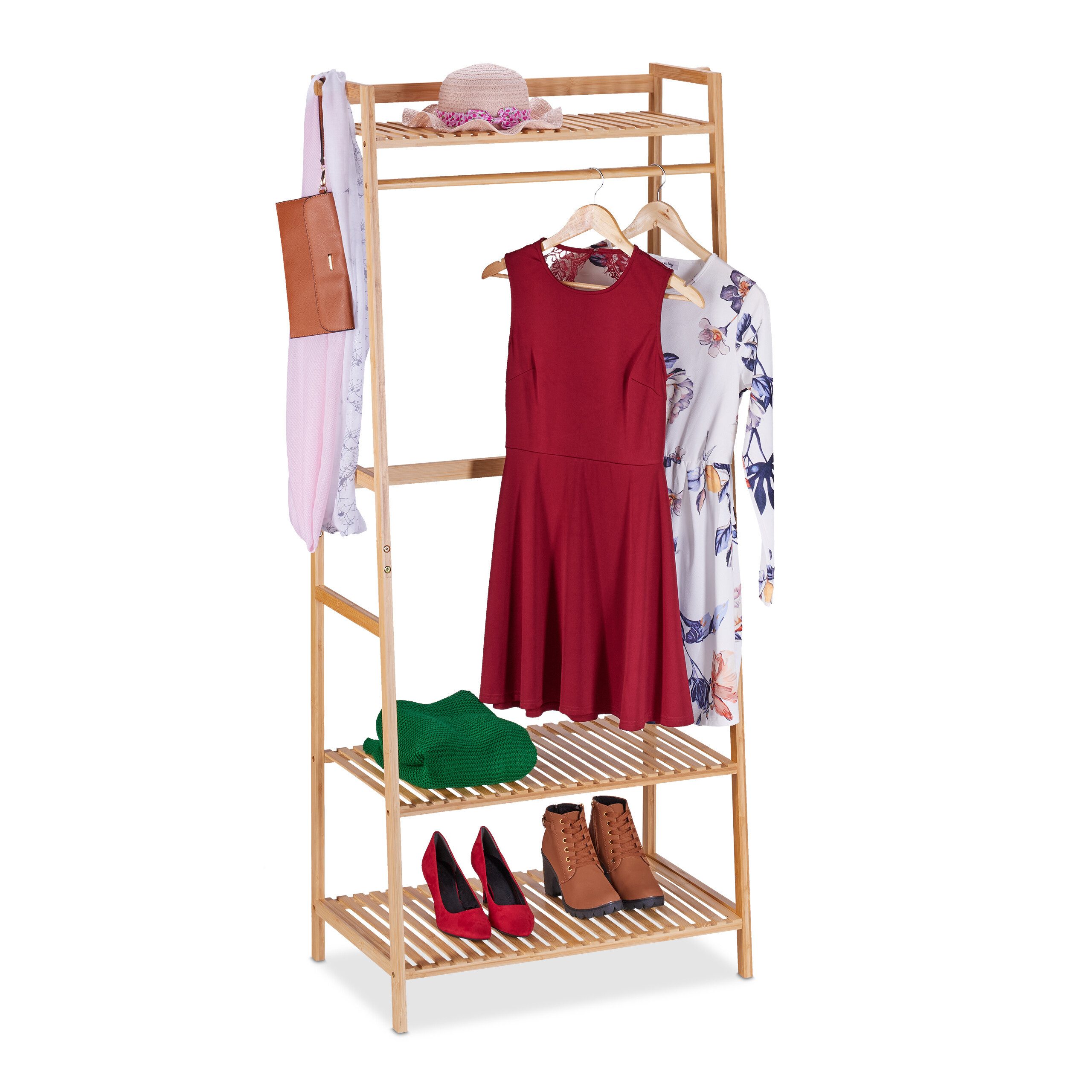 relaxdays Kleiderständer Bambus Kleiderständer mit 3 Ablagen günstig online kaufen