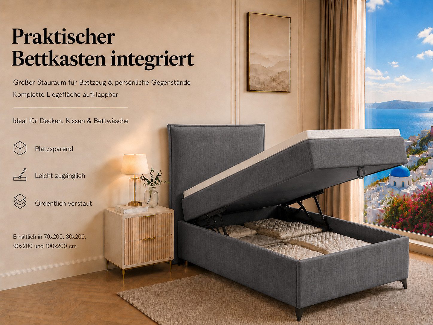 Best for Home Boxspringbett K16 Single SLIM mit Bettkasten & Bonellfederkernmatratze, Topper H3 (Einzelbett, Polsterbett, Juniorbett, Hotelbett, versch. Größen, – Bild 5 von 5