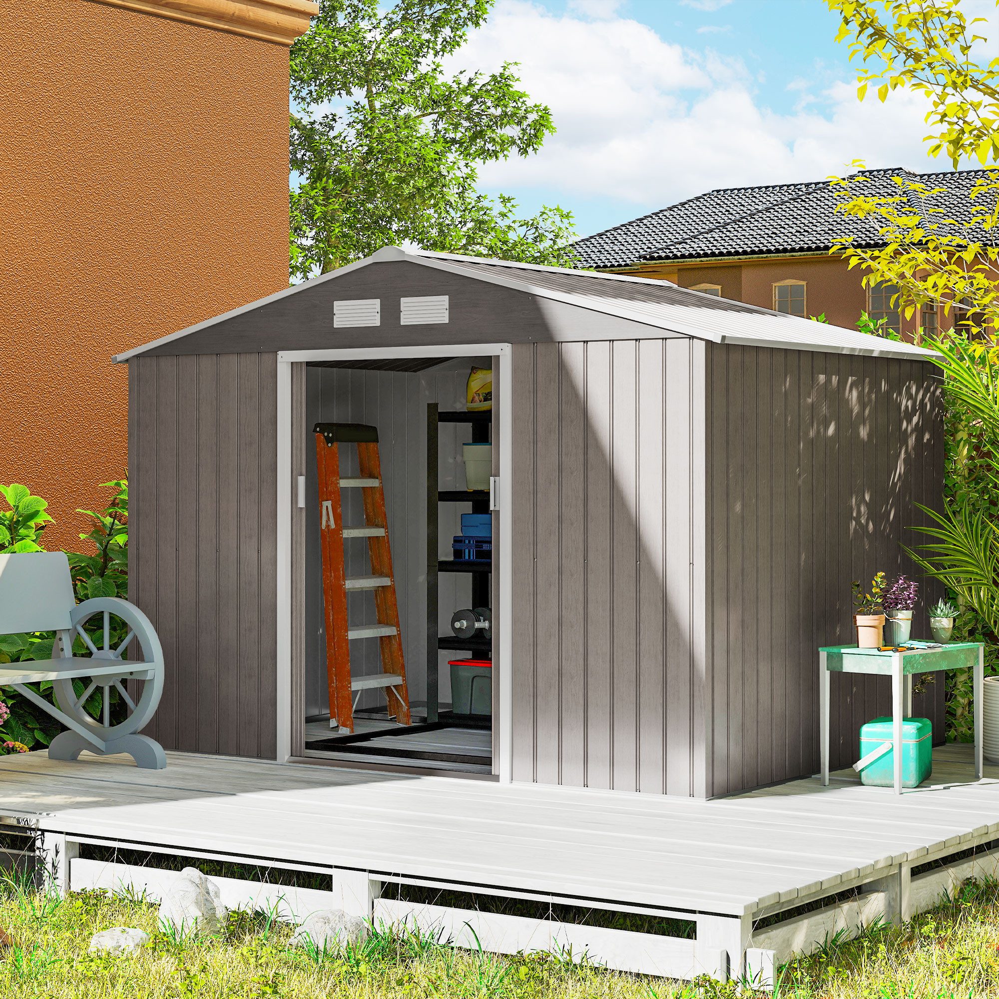 Outsunny Gerätehaus 4,9 m², mit Pultdach, Schiebetür, Fundament, BxT: 277x195 cm, (Gartenhaus, 1 St., Geräteschuppen aus Verzinkter Stahl), wetterfest, für Garten, Hellbraun