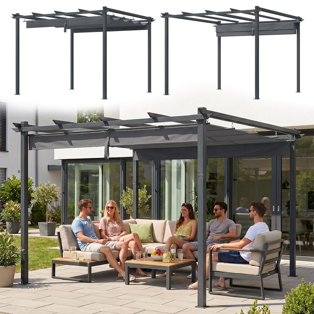 STEELSØN Pergola Xyriela freistehender Gartenpavillon mit Schiebedach, BxTxH: 295x295x215 cm, (3x3, anthrazit/grau), Terrassenüberdachung aus Stahl, Regen- & Sonnenschutz