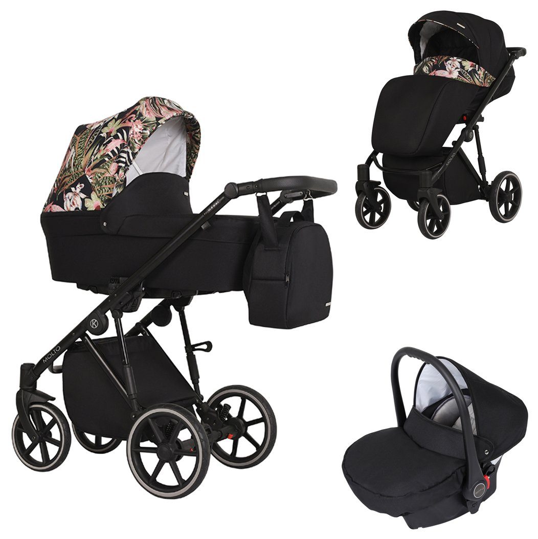 babies-on-wheels Kombi-Kinderwagen Molto 3 in 1 inkl. Autositz - 13 Teile - von Geburt bis 4 Jahre Schwarz-Dekor = schwarzes Gestell