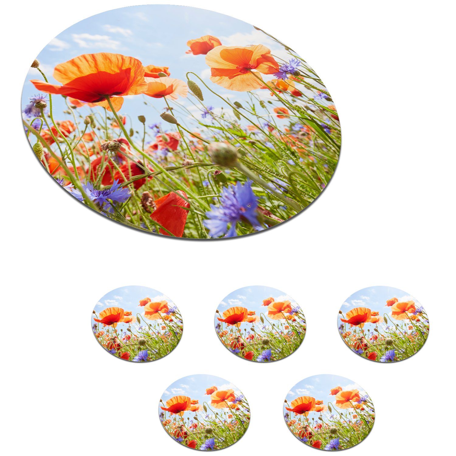 Rot Blumen - - Tassenuntersetzer, Frühling für Natur Mohn Zubehör Glasuntersetzer 6-tlg., Gläser, Tasse, Getränkeuntersetzer, Korkuntersetzer, MuchoWow - - Blau, - Becher