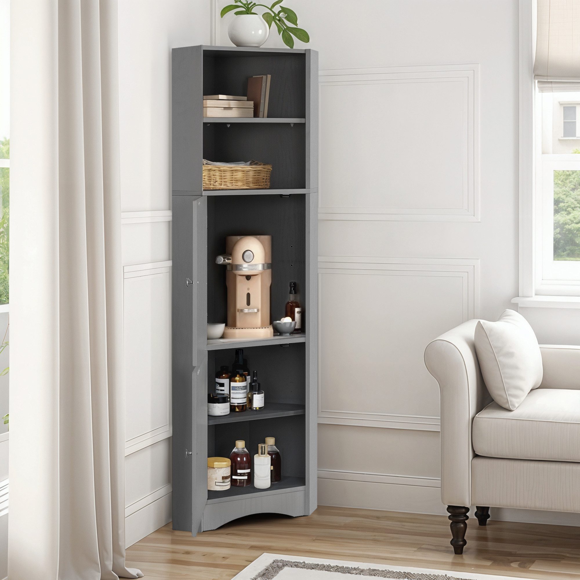 Flieks Badkommode Eckschrank mit 2 Türen und verstellbarem Einlegeboden (36.5x36.5x155 cm, 1 St., für Wohnzimmer, Arbeitszimmer, Schlafzimmer), Hochschrank mit 5 Fächern Mehrzweckschrank Badmöbel, Höhe 155 cm
