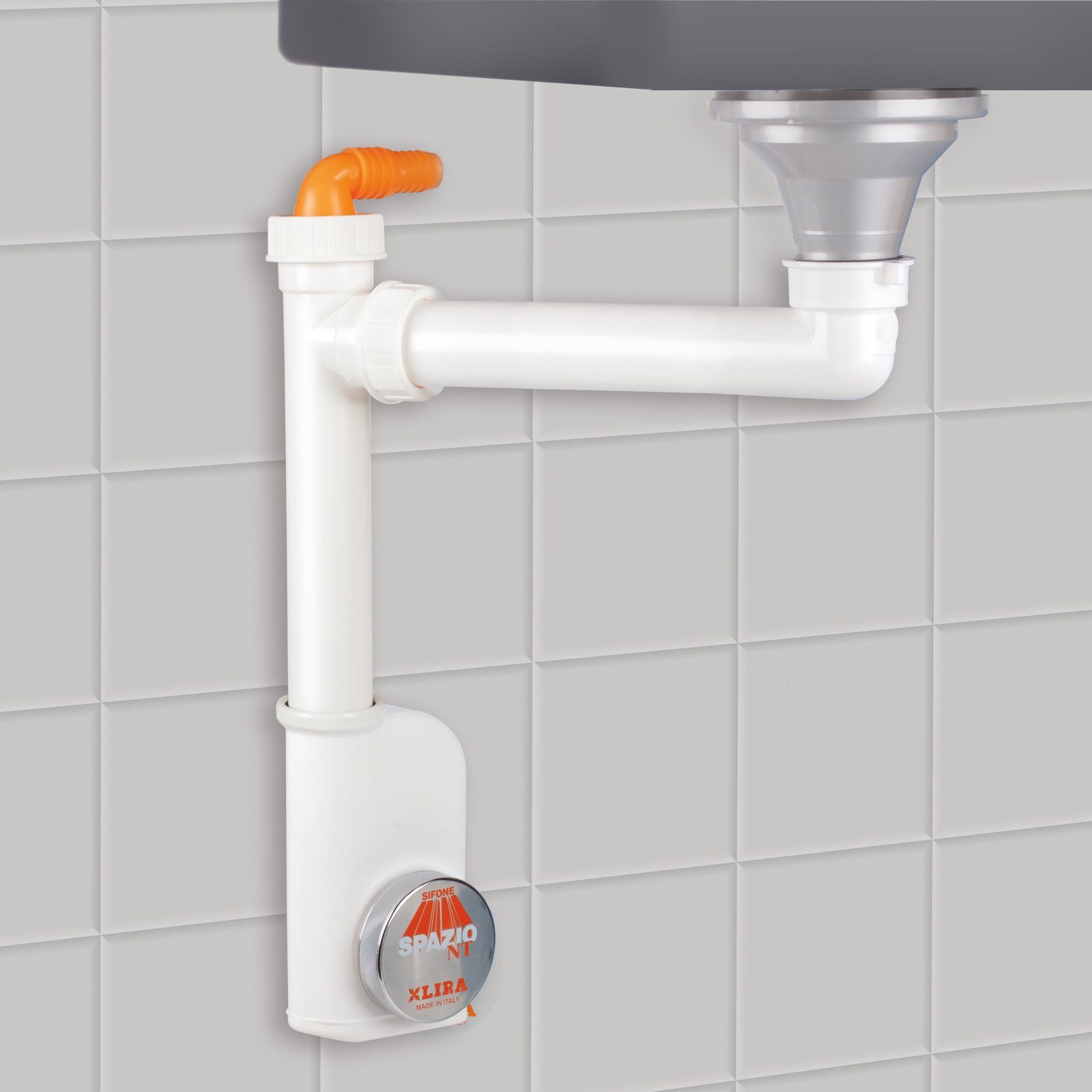 SO-TECH® Siphon Raumsparsiphon 32 - 40 mm Ablaufgarnitur f. Küche und Bad, Raumspar-Siphon weiß mit Reinigungsöffnung & Geräteanschluss