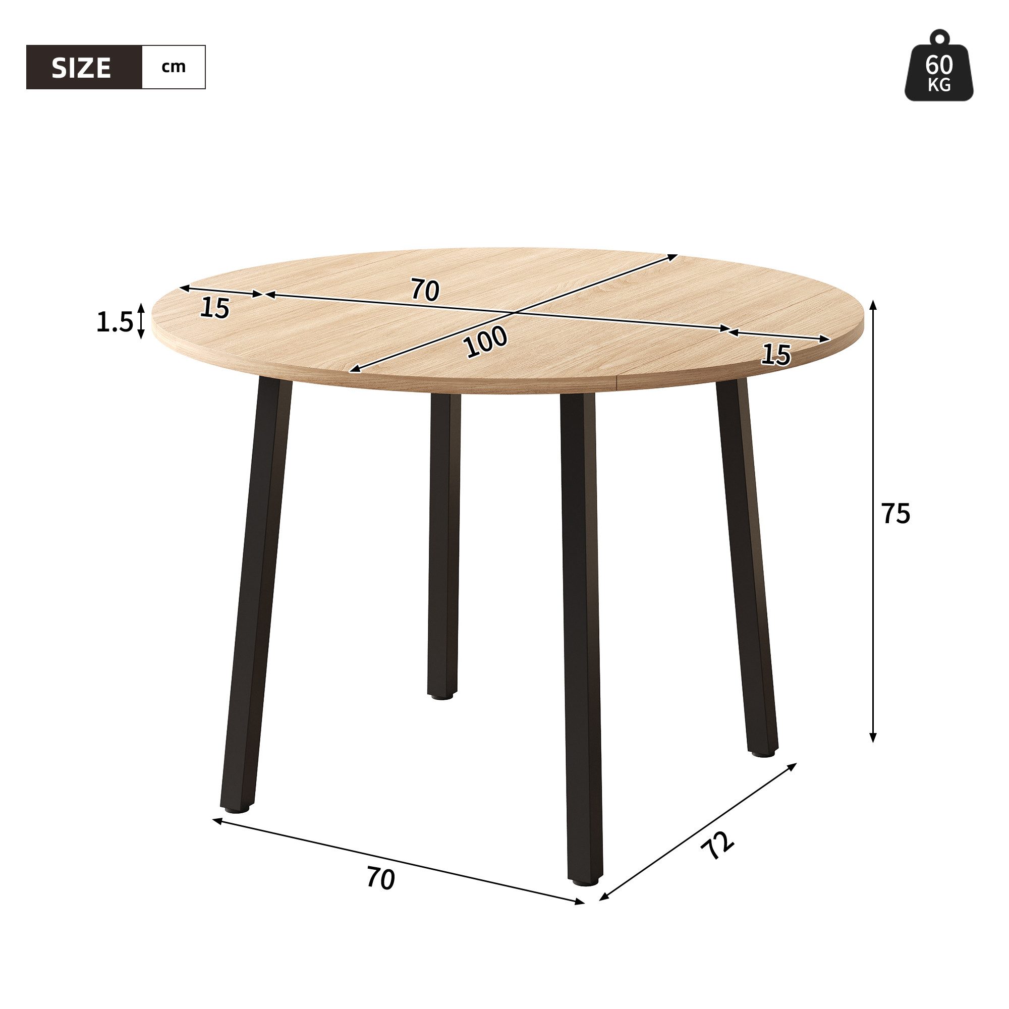 KLAM HOME Esstisch Klapp-Esstisch Eichenoptik mit stabilen Metallfüßen für kompakte Räume (Rundklapptisch 100x100cm platzsparend für 2 bis 4 Personen), Minimalistischer Ess Tisch aus MDF flexibel nutzbar in Küche & Wohnung