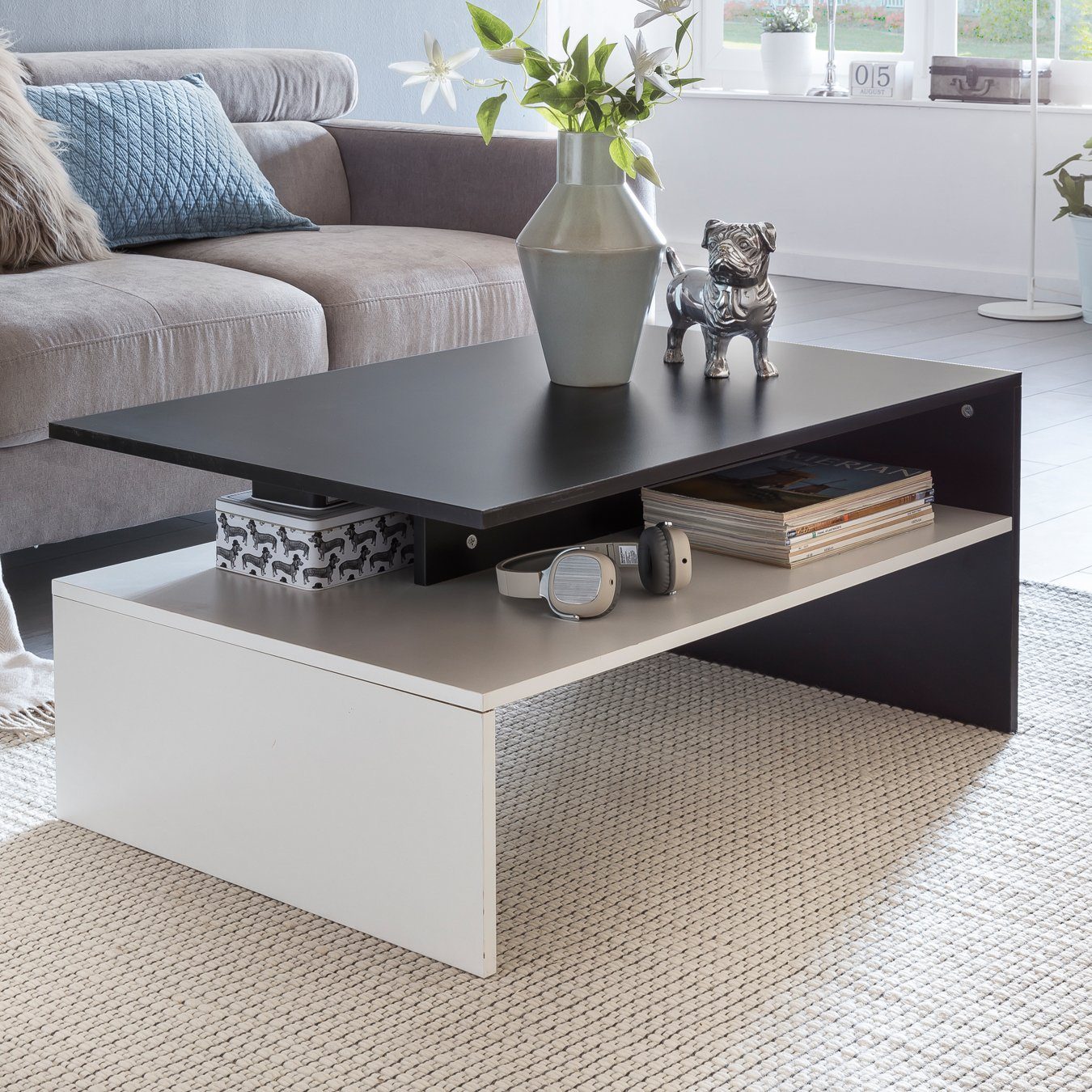 FINEBUY Couchtisch FB48674 Wohnzimmertisch Sofatisch Loungetisch mit Ablage 90 x 60 cm (Sofatisch Rechteckig, Großer Wohnzimmertisch), Sofatisch mit Ablage Schwarz / Weiß, 90x43x60 cm