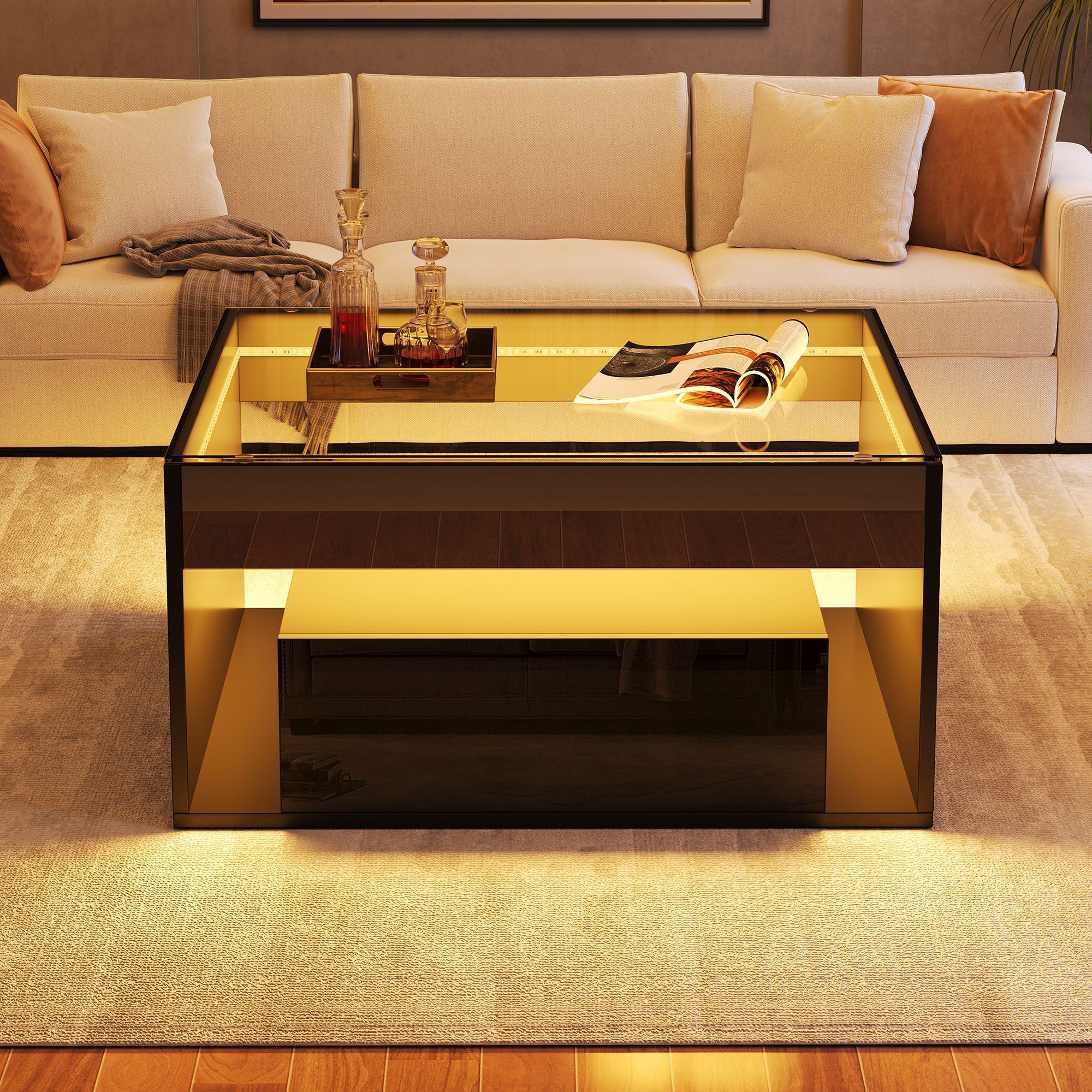 Merax Couchtisch hochglanz Sofatisch Beistelltisch mit LED-Beleuchtung (1-St., ideal für kleine Wohnzimmer), Wohnzimmertisch mit 2 Schubladen & gehärteter Glasplatte, 70x70x35cm