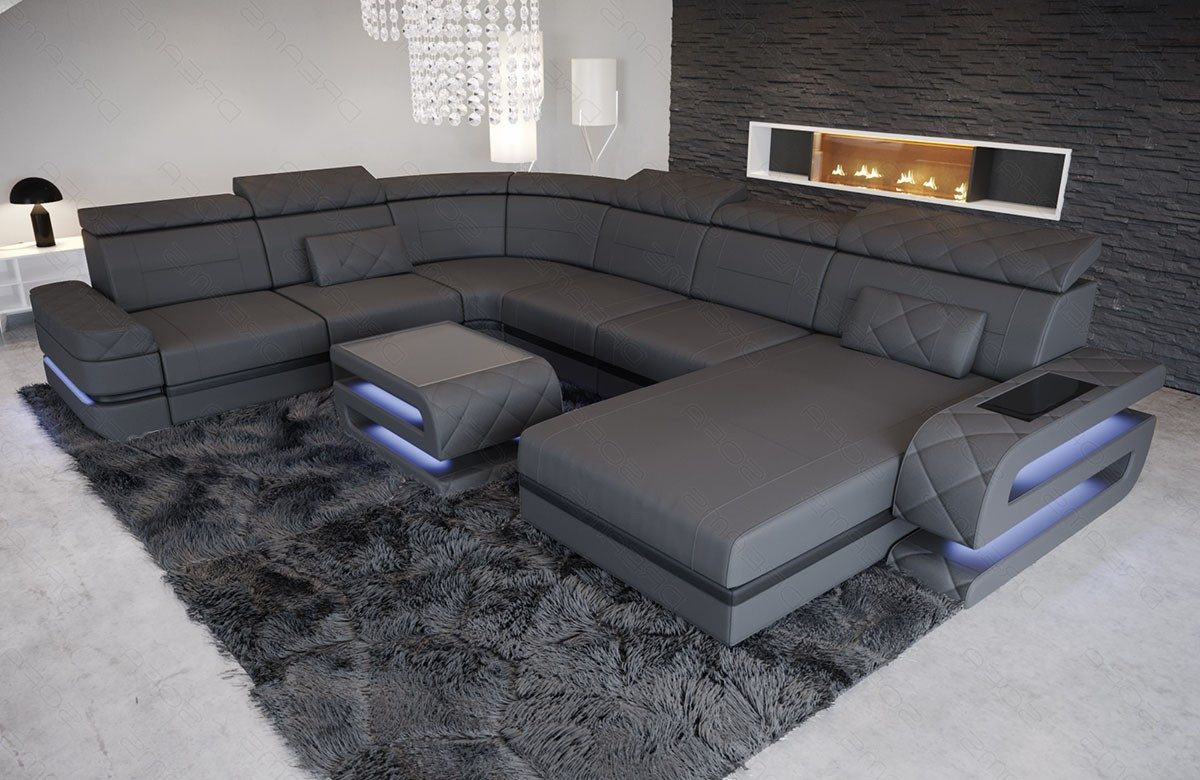 Sofa Dreams Wohnlandschaft XXL Ledersofa Bologna U Form Mini, Designersofa, Sofa mit Licht und USB