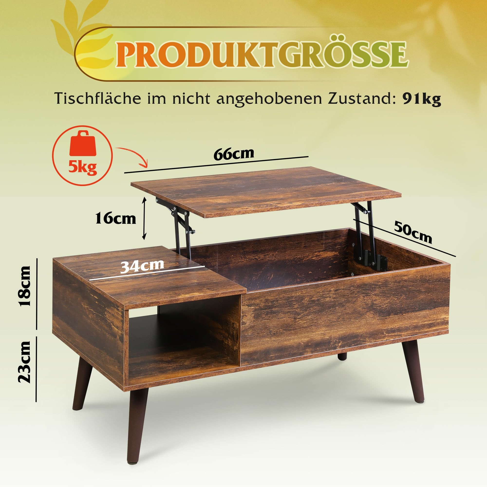 WLIVE Couchtisch höhenverstellbar mit Stauraum, Lift-Top Wohnzimmertisch 100×50×41-57cm (Packung, Lift-Top-Design), Holzoptik & Metallrahmen, für Wohnzimmer Büro