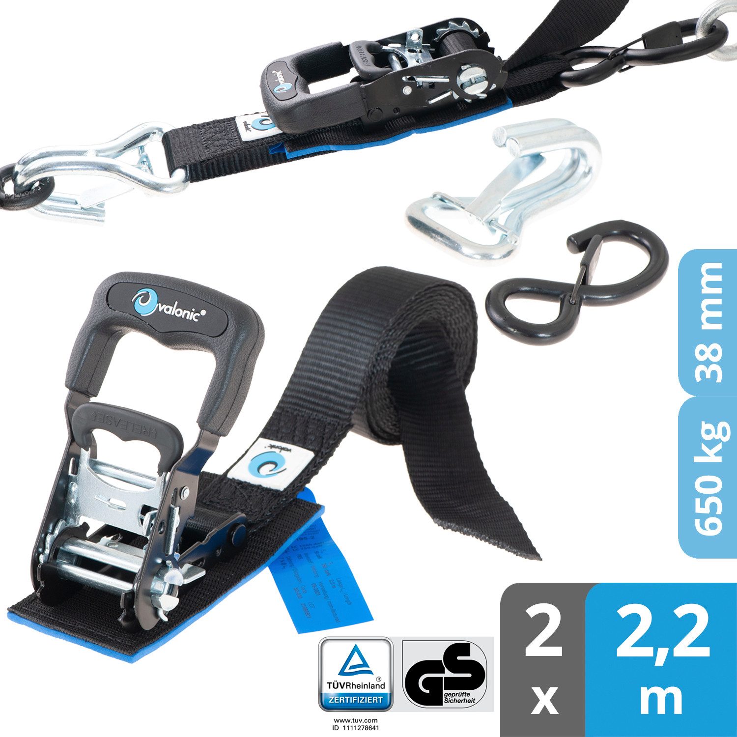 Spanngurt valonic Panther - Spanngurte Motorrad Ratsche (2 Stück, 2,25m)