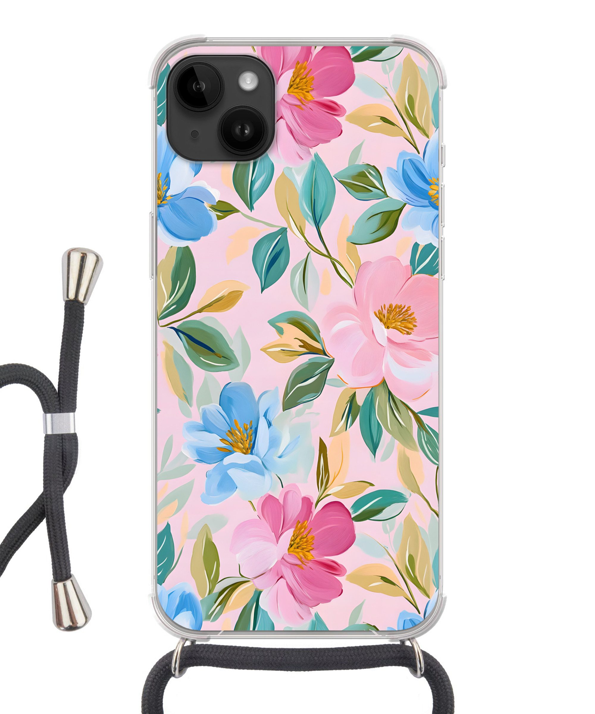 MuchoWow Handyhülle für Apple iPhone 14 Max Blau - Rosa - Blumen, Tragbare Handyhüllen mit Kette zum umhängen, Handykette Handyband