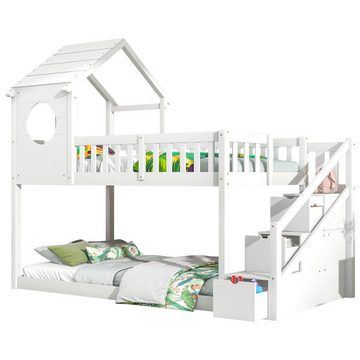 Ulife Etagenbett Hochbett Kiefernholz Kinderbett Hausbett mit 3 Schubladen, Kinderbett in Hausform,90x200cm