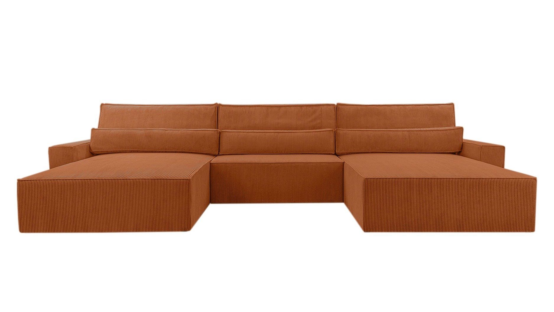 MOEBLO Wohnlandschaft DENVER U, Eckcouch aus Cordstoff Ecksofa U-Form Cord Sofa Couch Polsterecke U-Sofa - 420x85x185cm, mit Bettkasten und Schlaffunktion Orange (Poso 40)