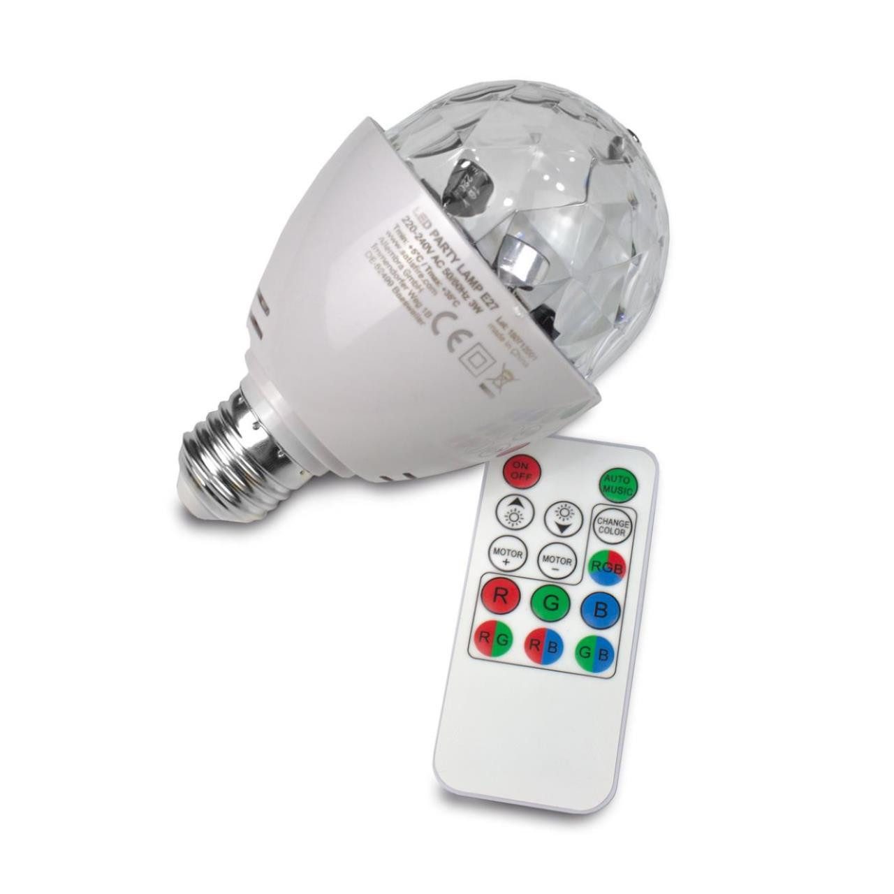 SATISFIRE Discolicht PARTY LAMP E27 Fassung raumfüllender LED Partyeffekt Fernbedienung, LED Classic