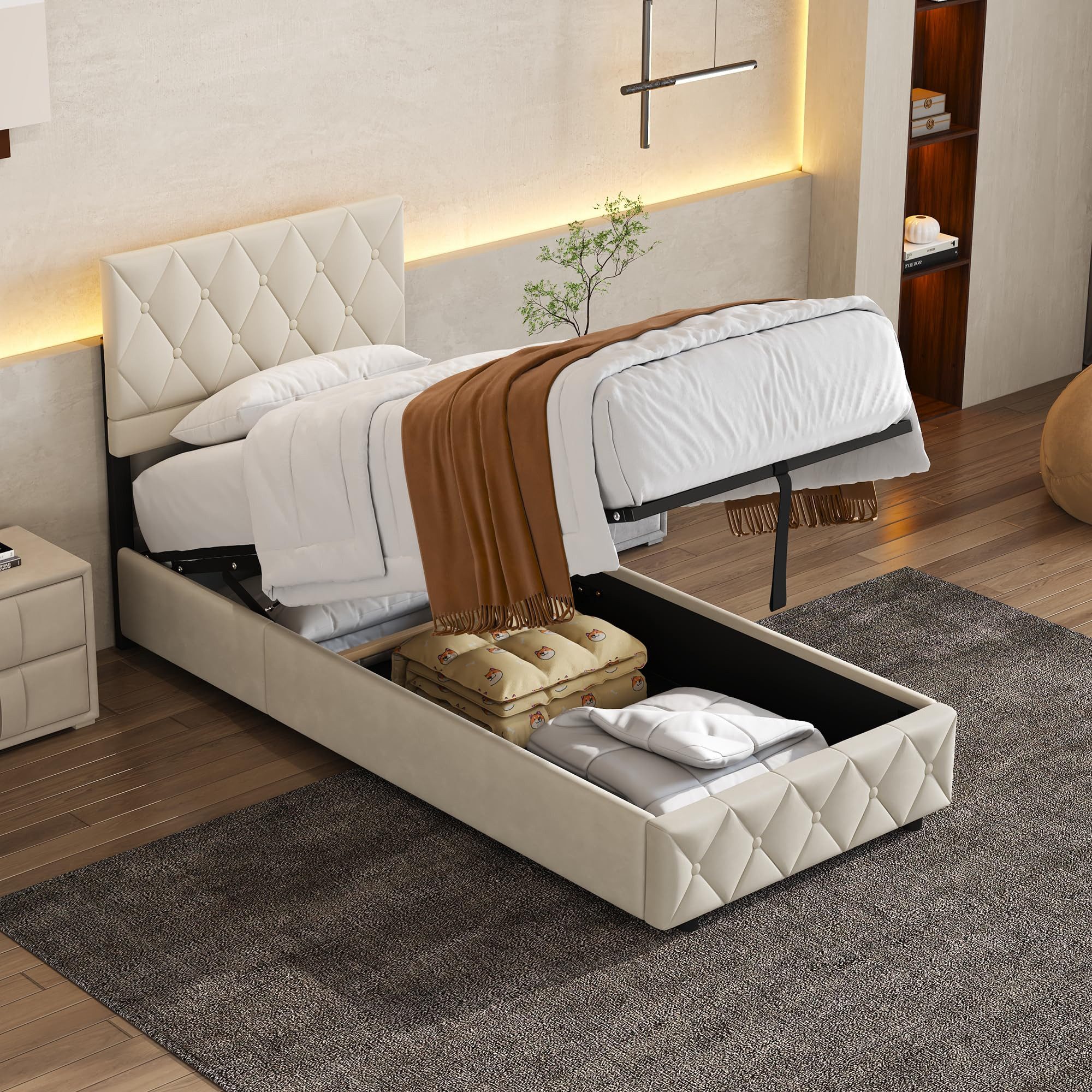 HAUSS SPOLE Polsterbett 90×200 mit Bettkasten Funktionsbett Stauraumbett ohne matratze,beige