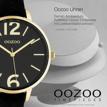 OOZOO Quarzuhr Oozoo Damen Armbanduhr Timepieces Analog, (Analoguhr), Damenuhr rund, groß (ca. 42mm), Lederarmband schwarz, Fashion