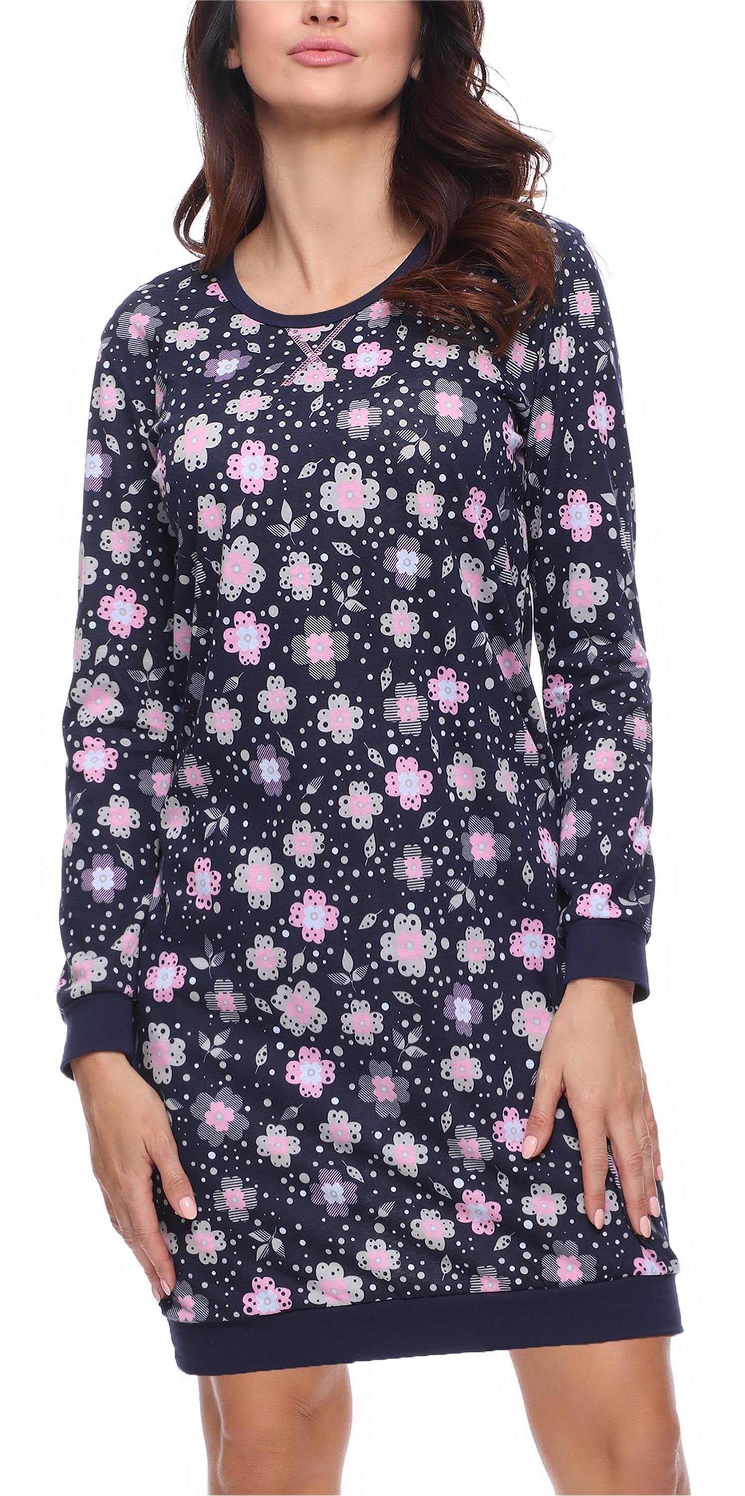 Merry Style Nachthemd aus Marine Blumen Damen Nachthemd (1-tlg) MS10-180 Langarm Baumwolle