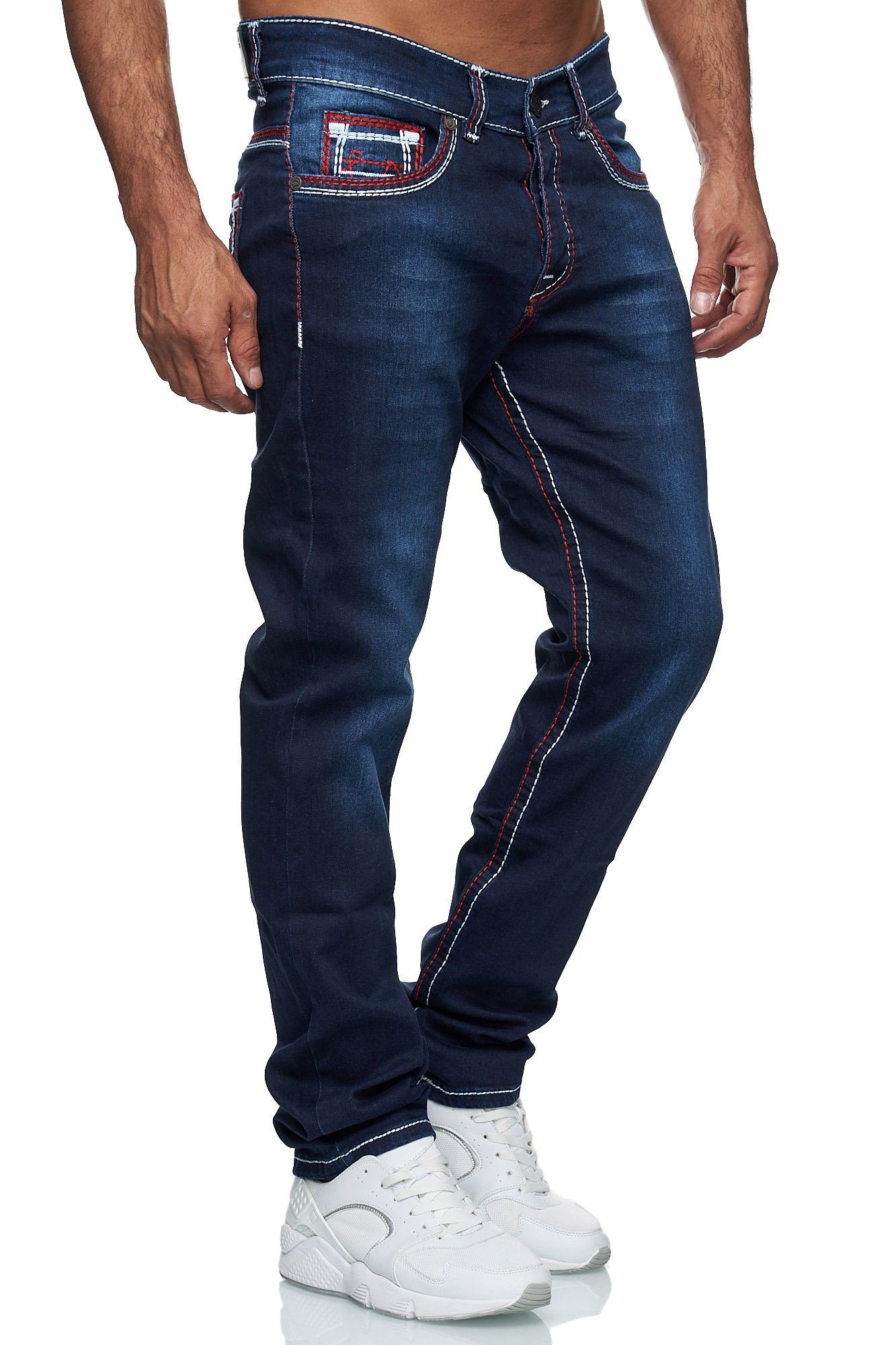 Baxboy Regular-fit-Jeans Herren Jeans Dicke Neon-Naht Straight Fit Denim Stonewashed Stretch 20897-3 Rot