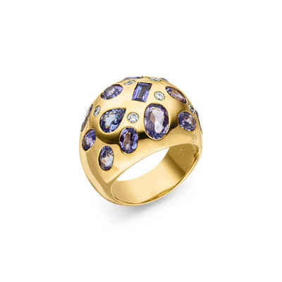 SKIELKA DESIGNSCHMUCK Goldring Tansanit Ring "Curved" mit Diamanten (Gelbgold 750), hochwertige Goldschmiedearbeit aus Deutschland