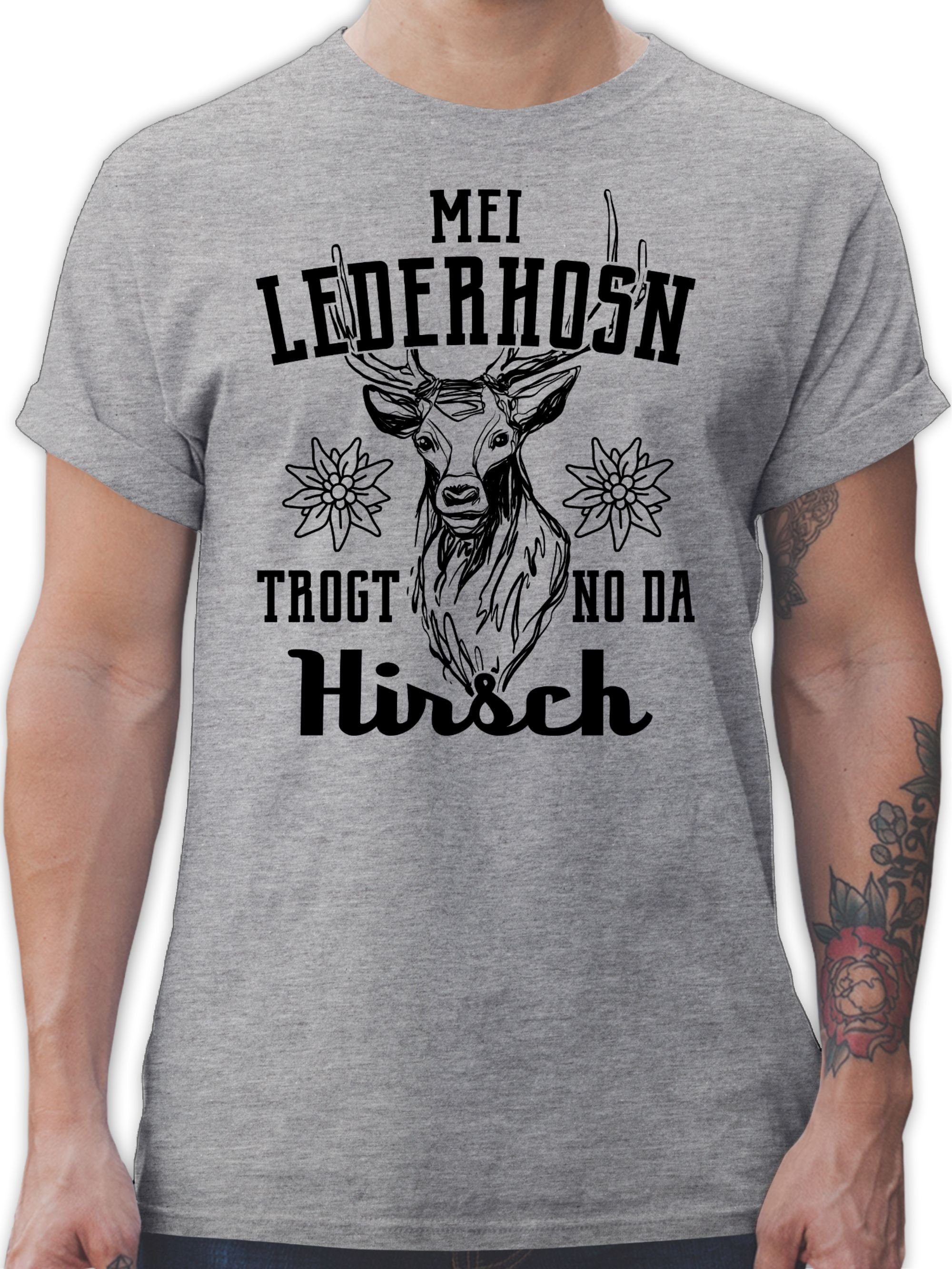 Shirtracer T-Shirt Mei Lederhosn trogt no da Hirsch - schwarz Mode für Oktoberfest Herren 2 Grau meliert