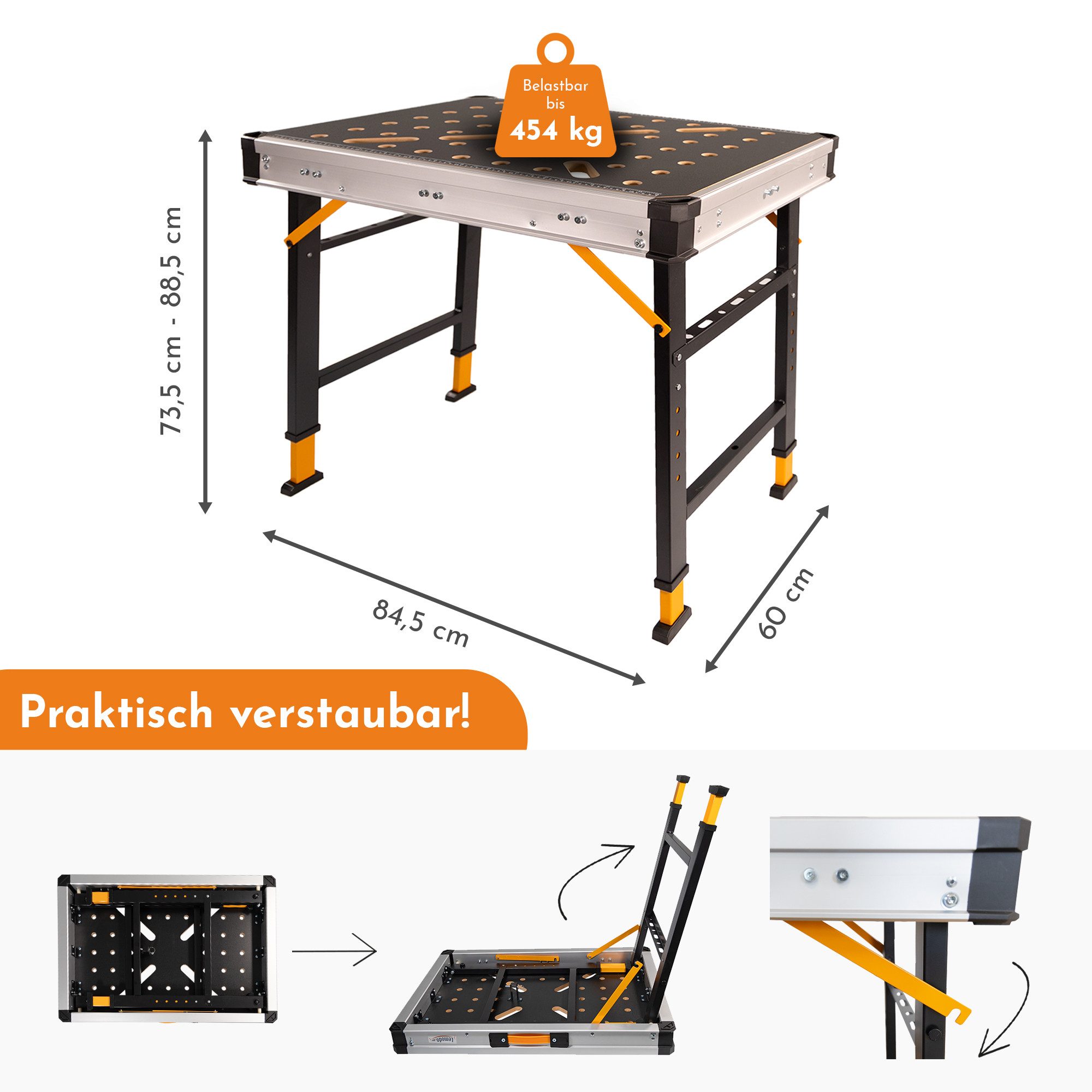Lemodo Werkbank Mobile Werkbank, Werktisch mit über 450 kg Tragkraft, 5- fach Höhenverstellbar
