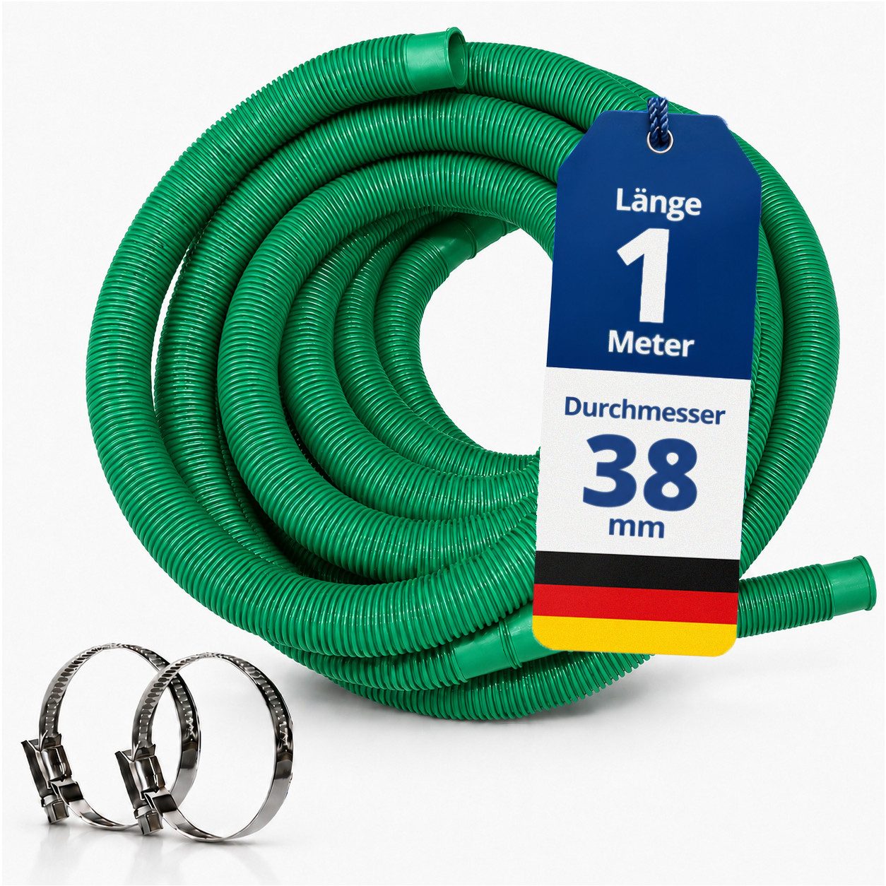 HAF Poolschlauch Schwimmbadschlauch Poolschlauch Solarschlauch Grün Ø 38mm 1 Meter, Schlauch "Made in Germany" mit Trennmuffen, inkl. 2 Schlauchschellen aus Edelstahl (25-40mm)