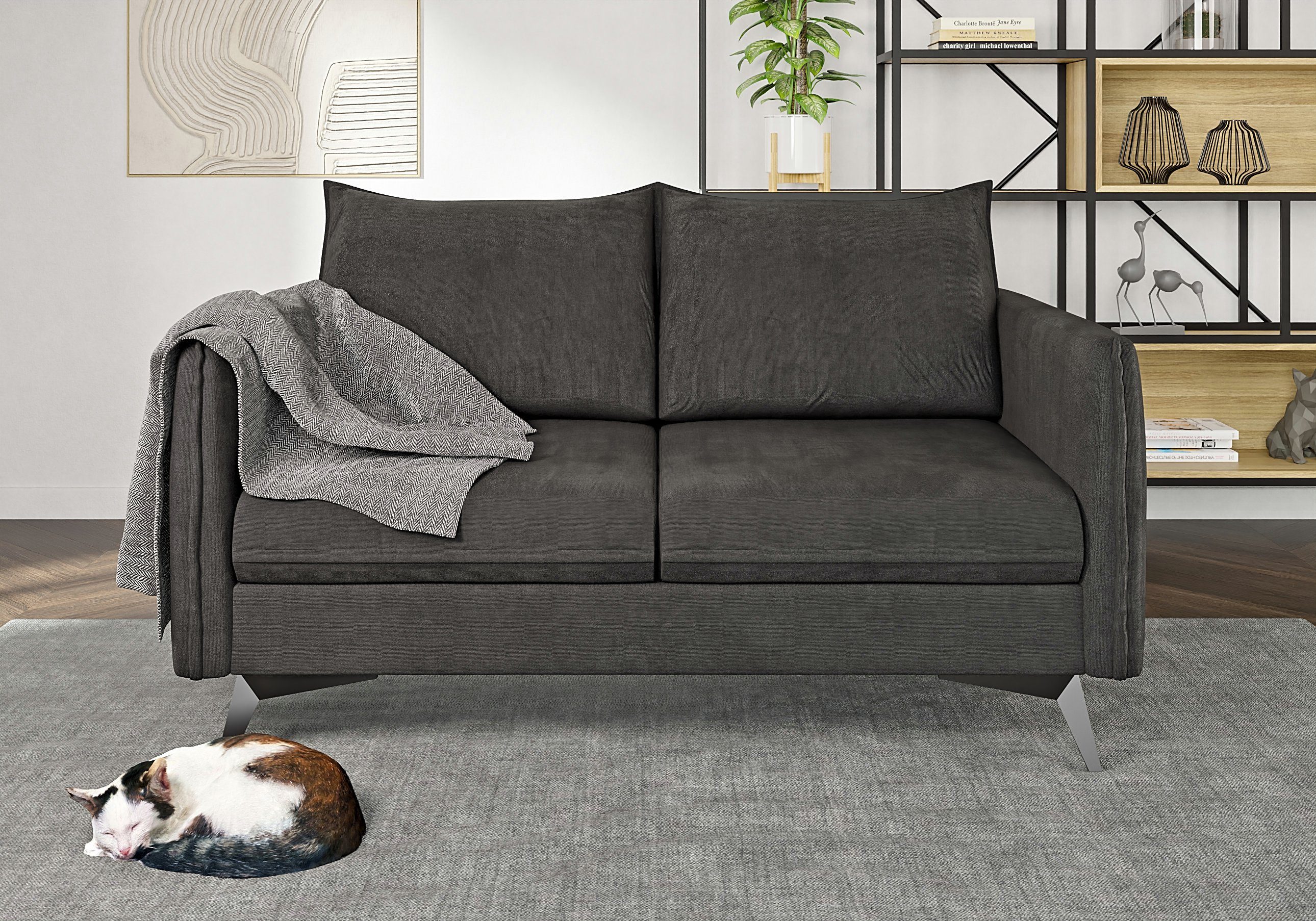 S-Style Möbel Azalea Füßen, Modernes mit mit Metall Wellenfederung 2-Sitzer Schwarz Graphit Sofa