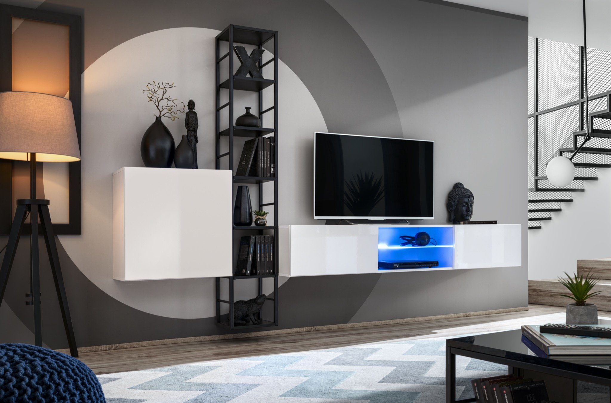 Ständer TV-Ständer tlg Wohnwand Set (3-St., + LED Luxus TV Wohnzimmer Wohnwand Wandschrank + JVmoebel beleuchtet Wandschrank Design, 3 Wandregal),