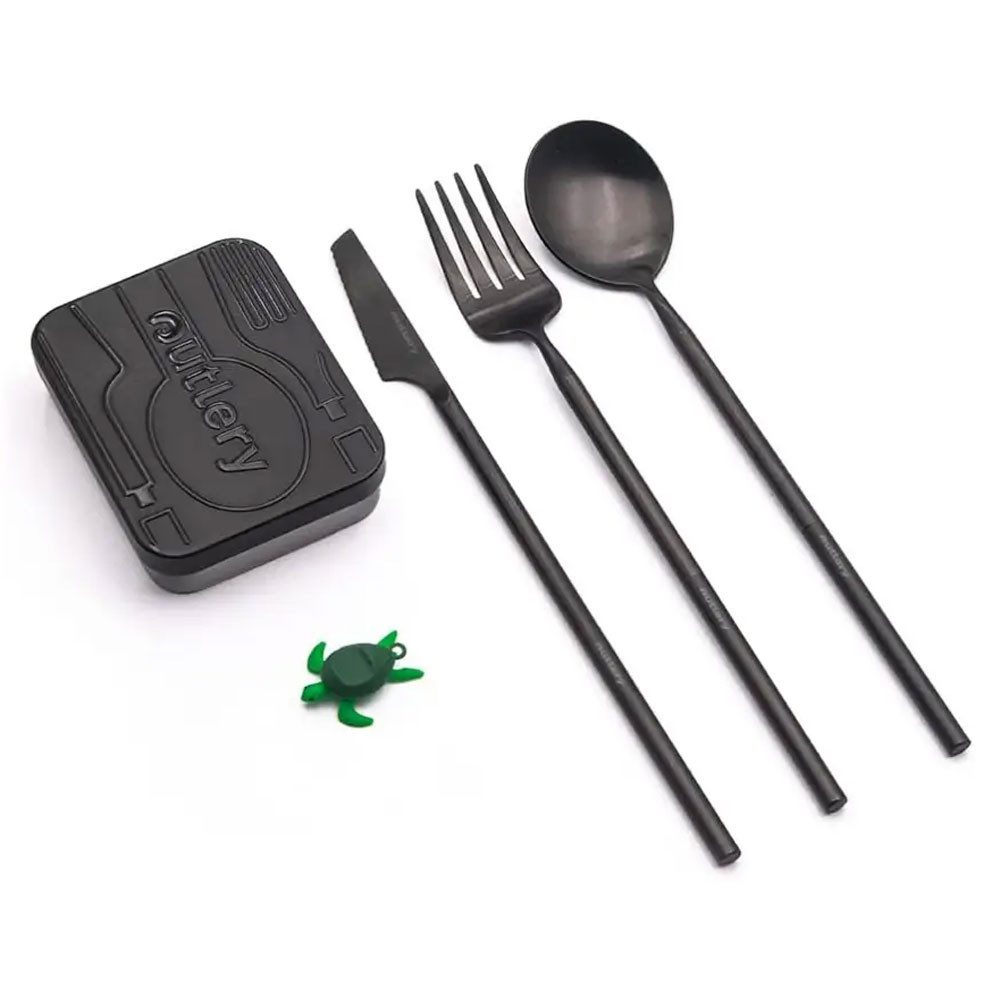 Outlery Grillbesteck-Set Reisebesteck-Set Edelstahl - Schwarz Messer Gabel Löffel Outdoor, (4 tlg., Messer, Gabel, Löffel und Aufbewahrungsdose), ultra kompakt, für Reisen, Messer, Gabel und Löffel für eine Person