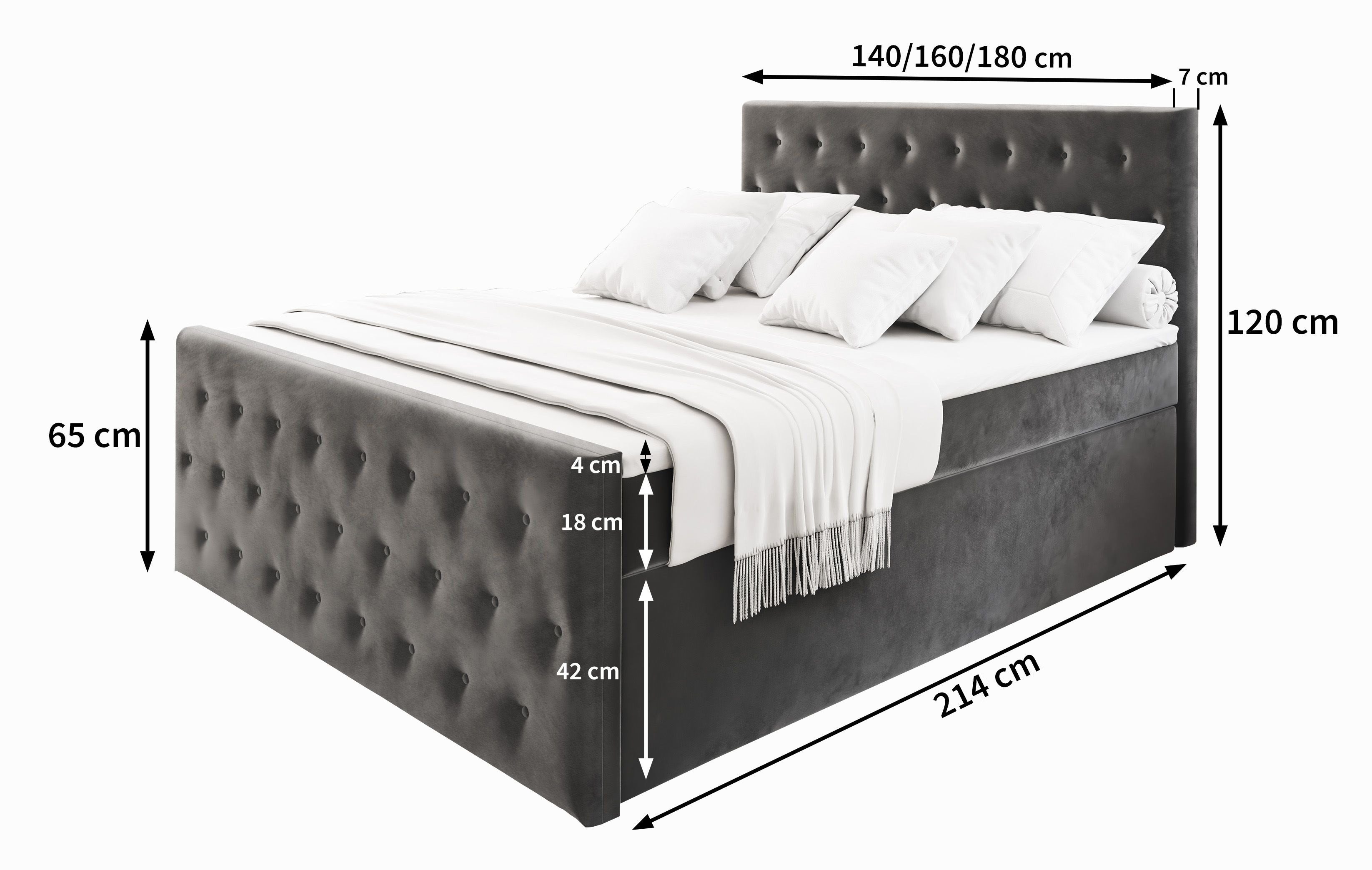 Masseno Boxbett FONDI 180x200 cm mit Bonell Matratze und Topper, Doppelbett, Polsterbett mit Kopfteil, Boxspringbett – Bild 4 von 5